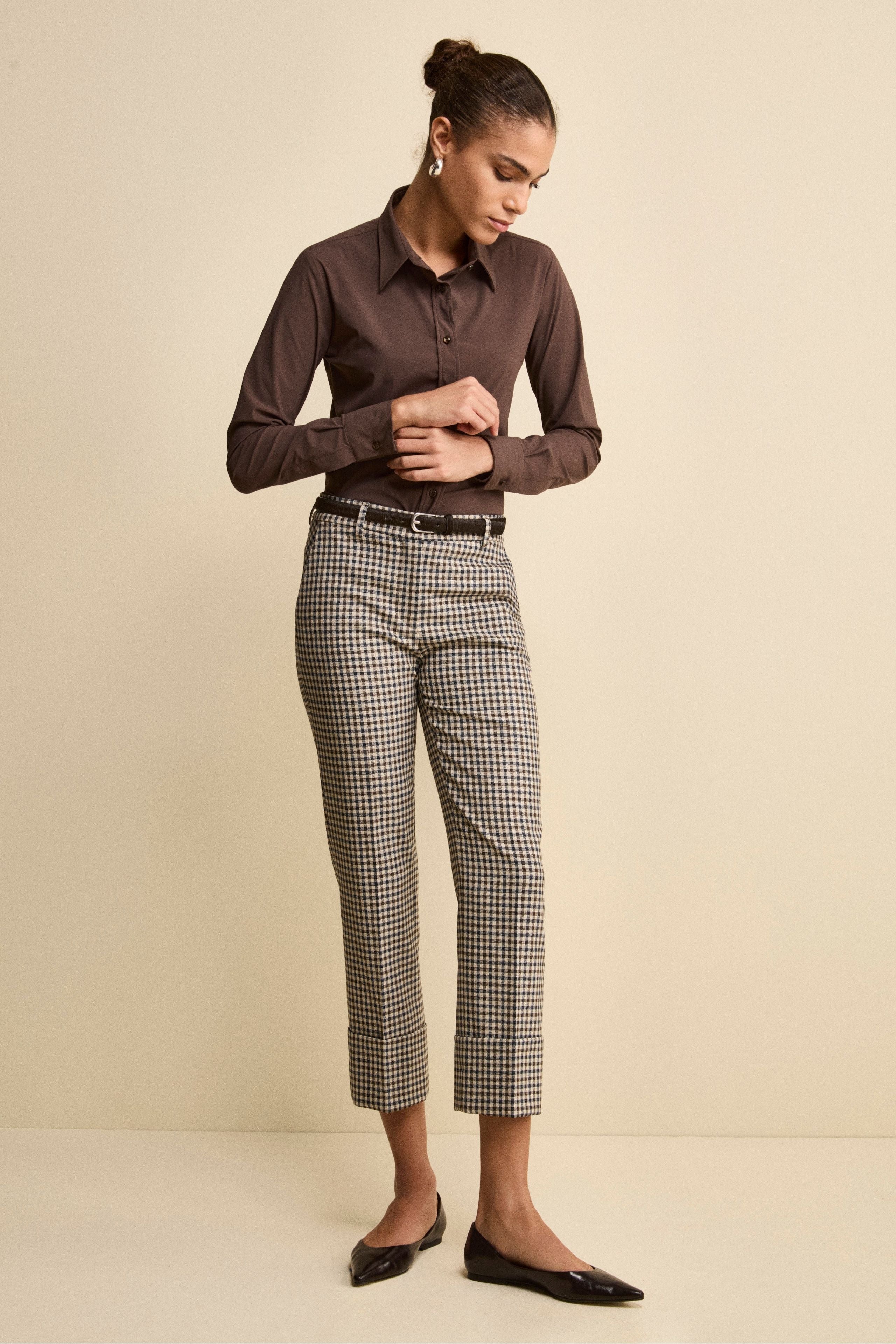 Slim-Fit Cigarette Trousers with Turn-Up Hem - Beige check