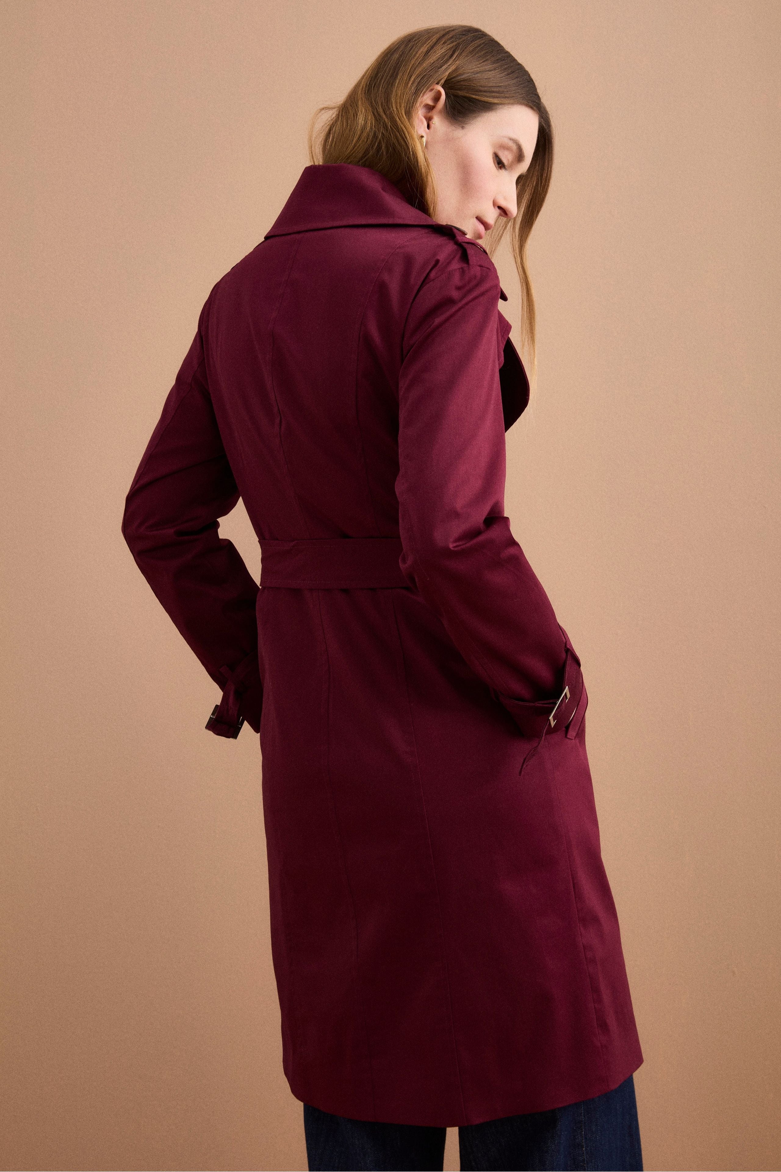 Trench Lungo Doppiopetto Foderato con Cintura - BORDEAUX