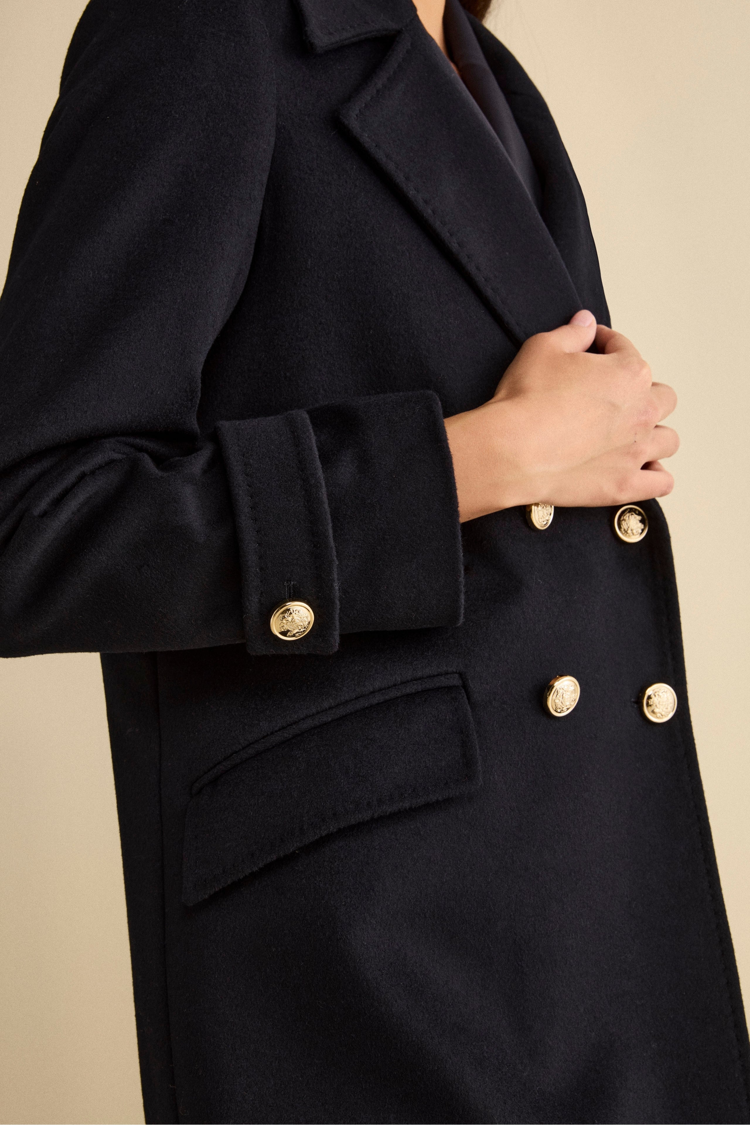 Long Double-Breasted Coat in Wool and Cashmere Blend - BLUE