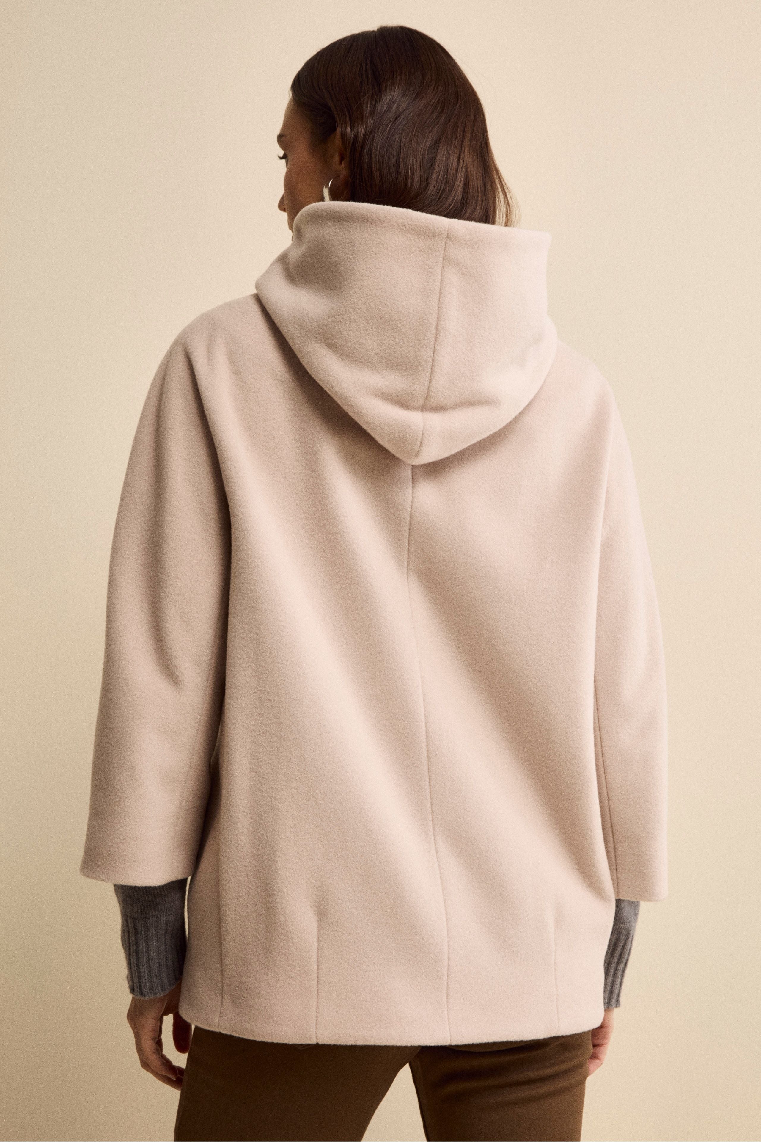 Wool and Cashmere Cape with Hood and Lining - ALMOND