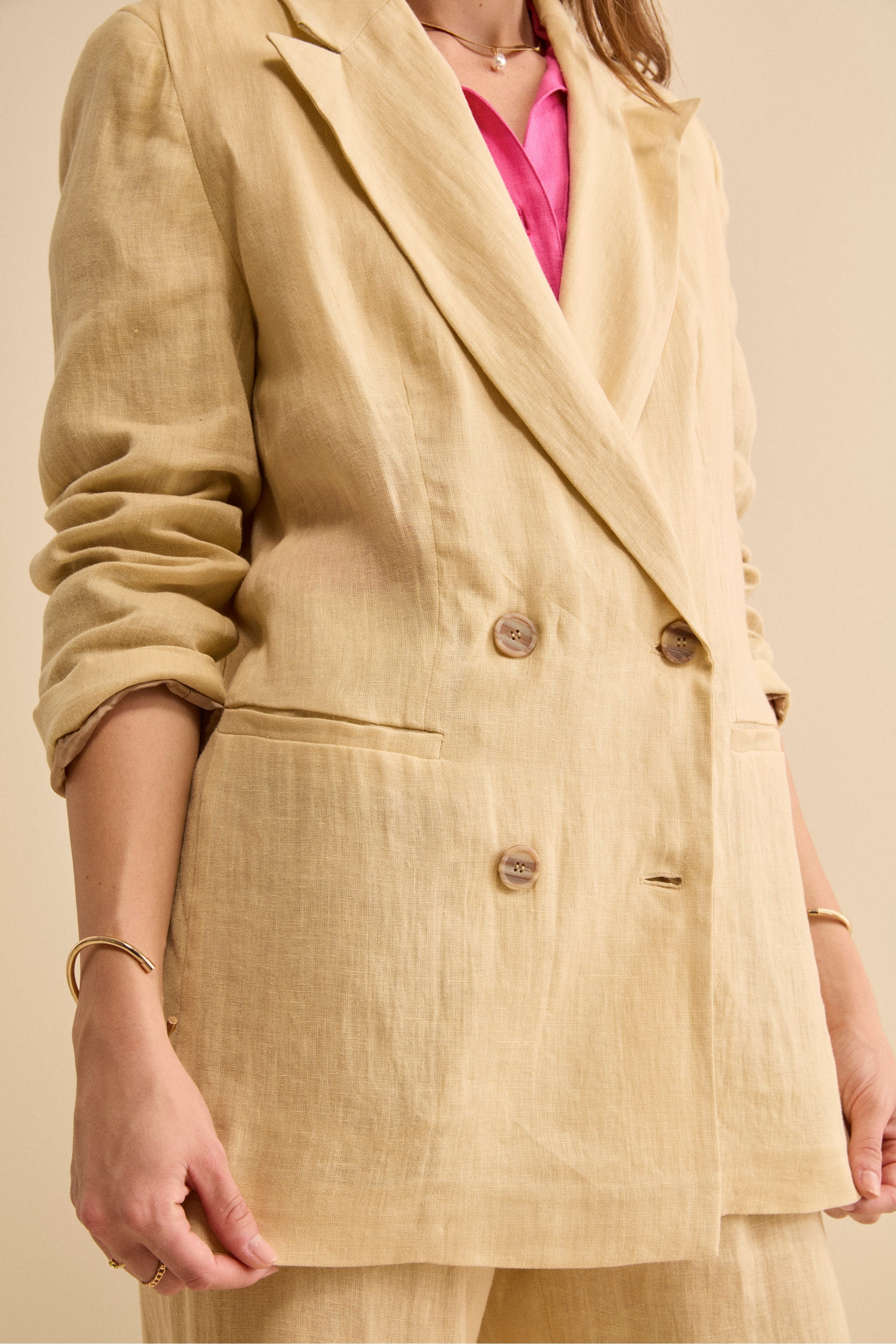 Oversized Double-Breasted Linen Blazer - Cream white