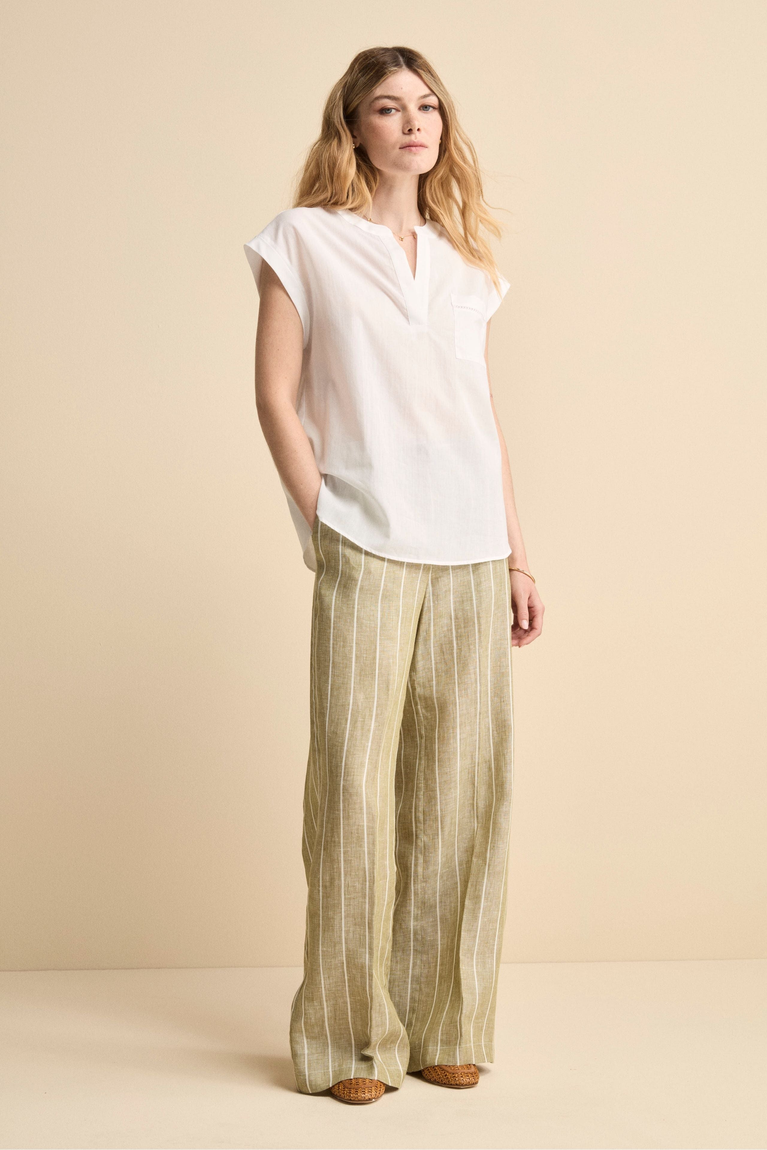 Pantalone Morbido Gessato in Lino - VERDE RIGATO