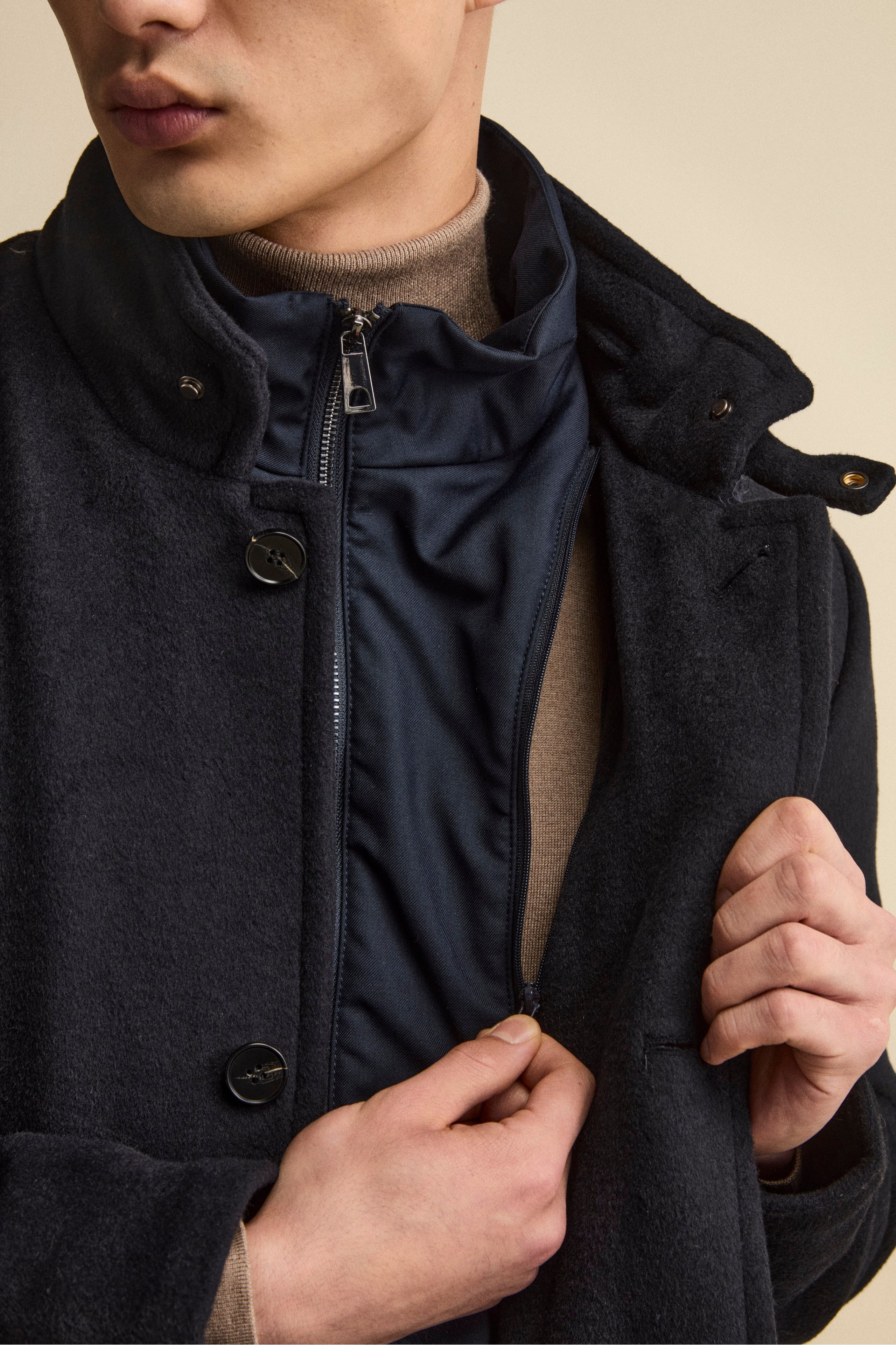 Midi Coat in Wool Blend with Removable Zip-Out Bib - BLUE