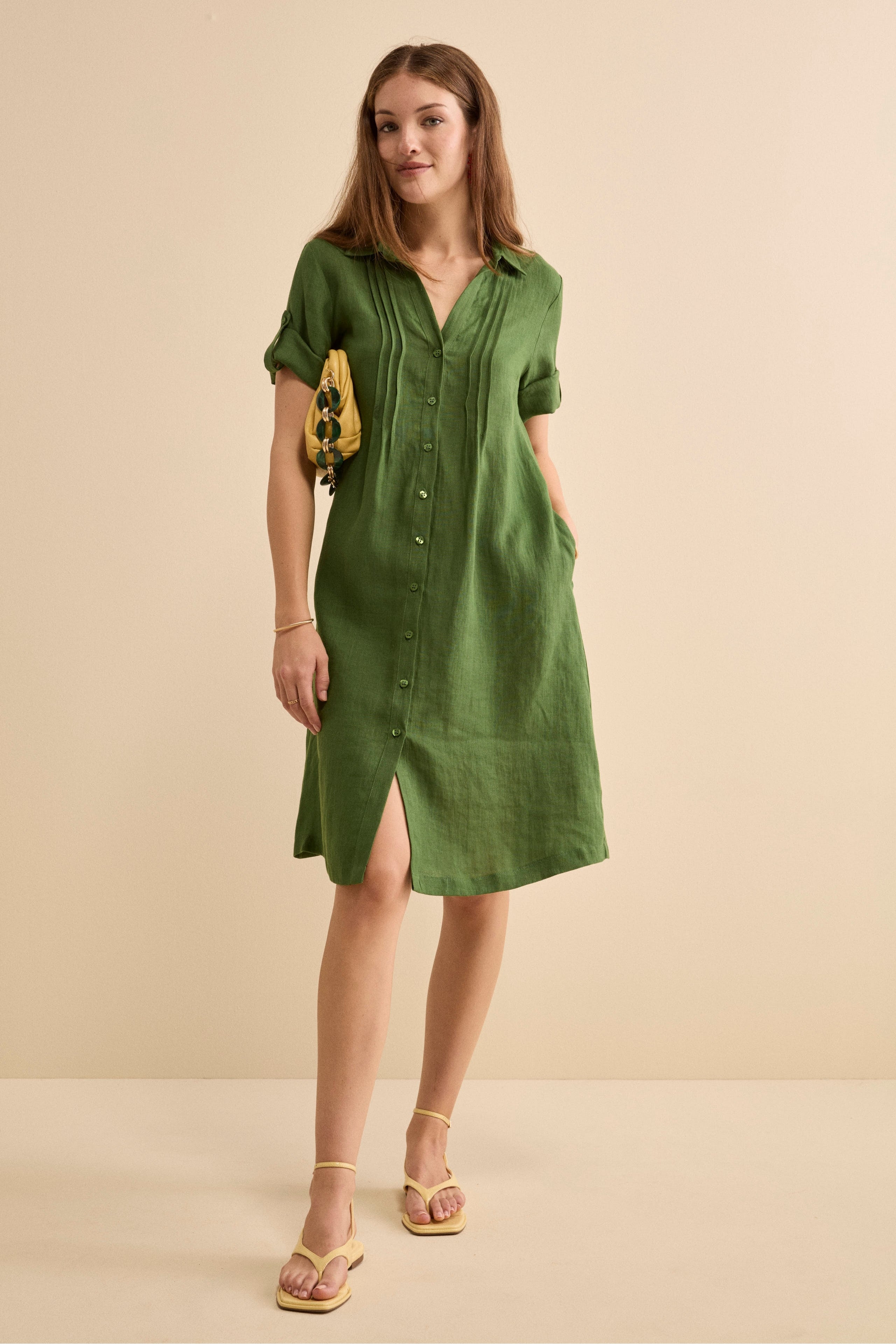 Abito Chemisier in Lino con Manica Corta - VERDE