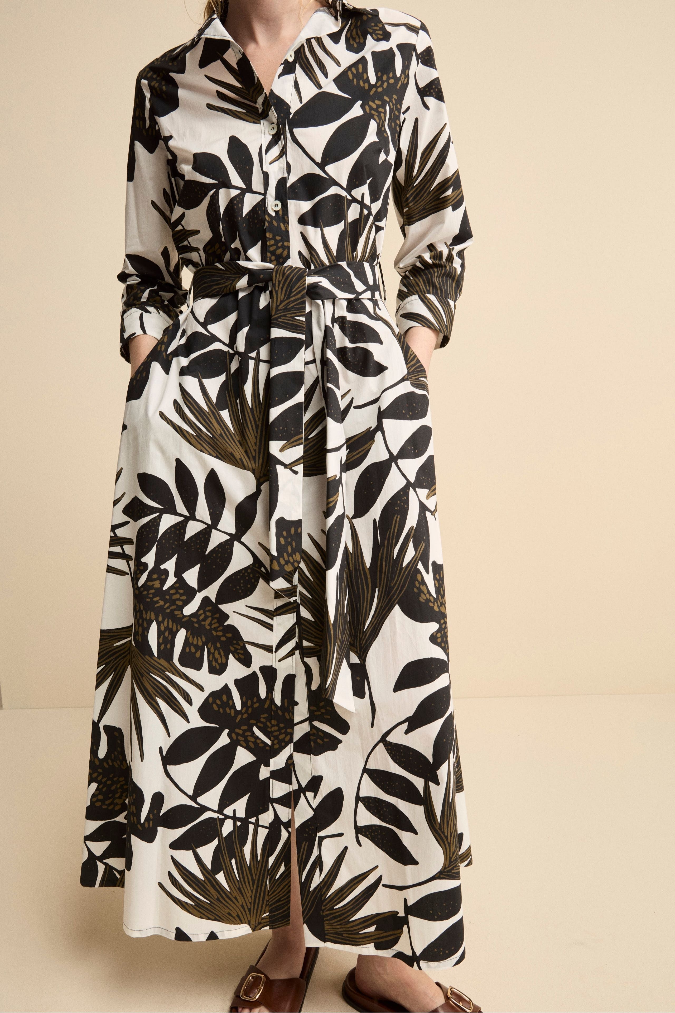 Abito Floreale in Popeline con Cintura - FANT. BIANCO/NERO