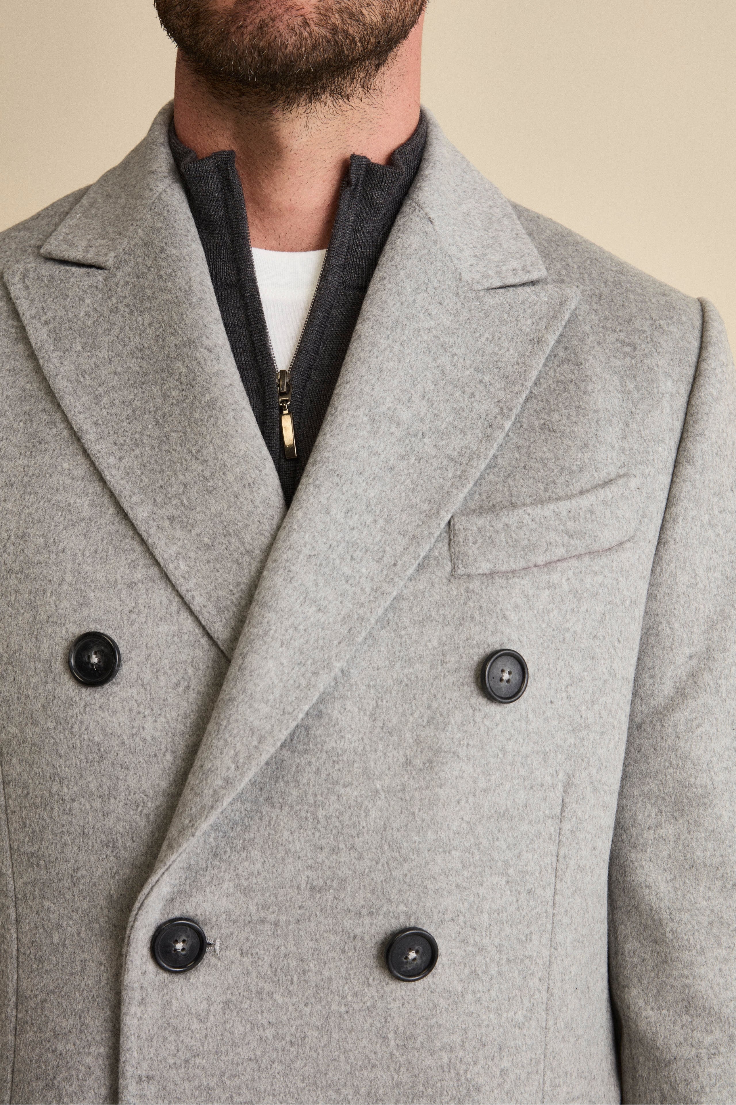 Midi Double-Breasted Coat in Wool and Cashmere Blend with Half-Belt - Light grey