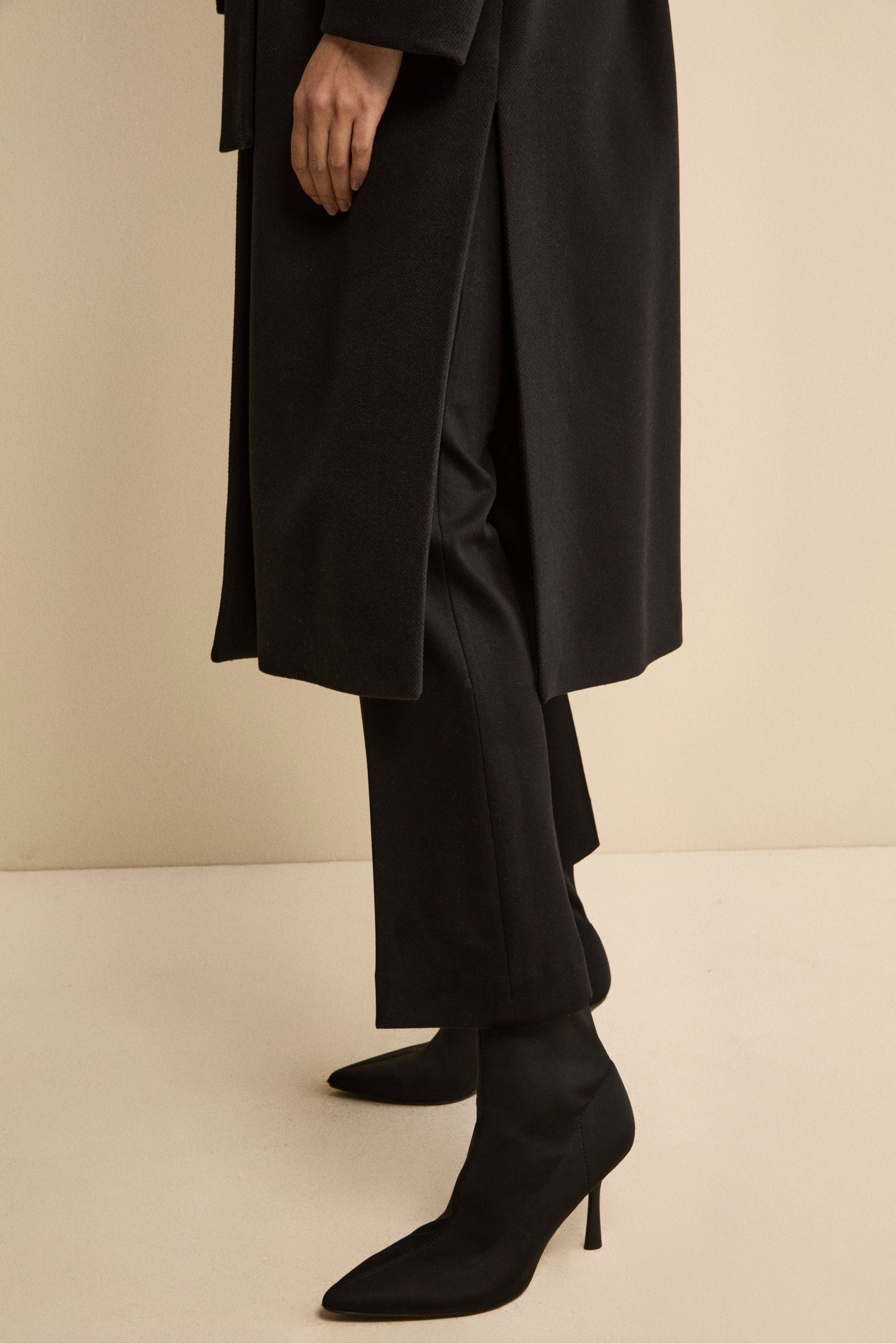 Long Belted Coat with Hood - BLACK