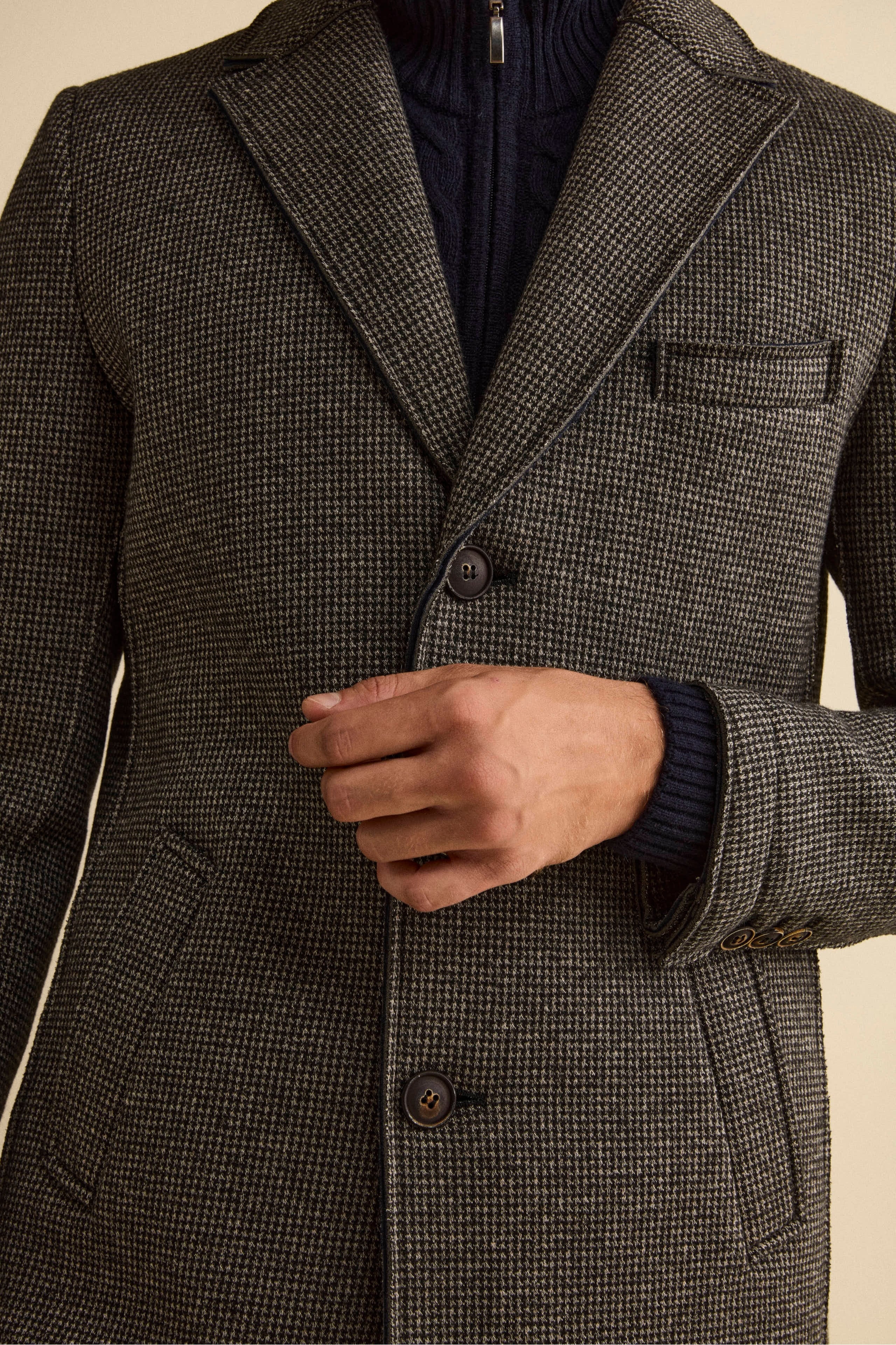 Raw-Cut Midi Patterned Coat - Grey-Black