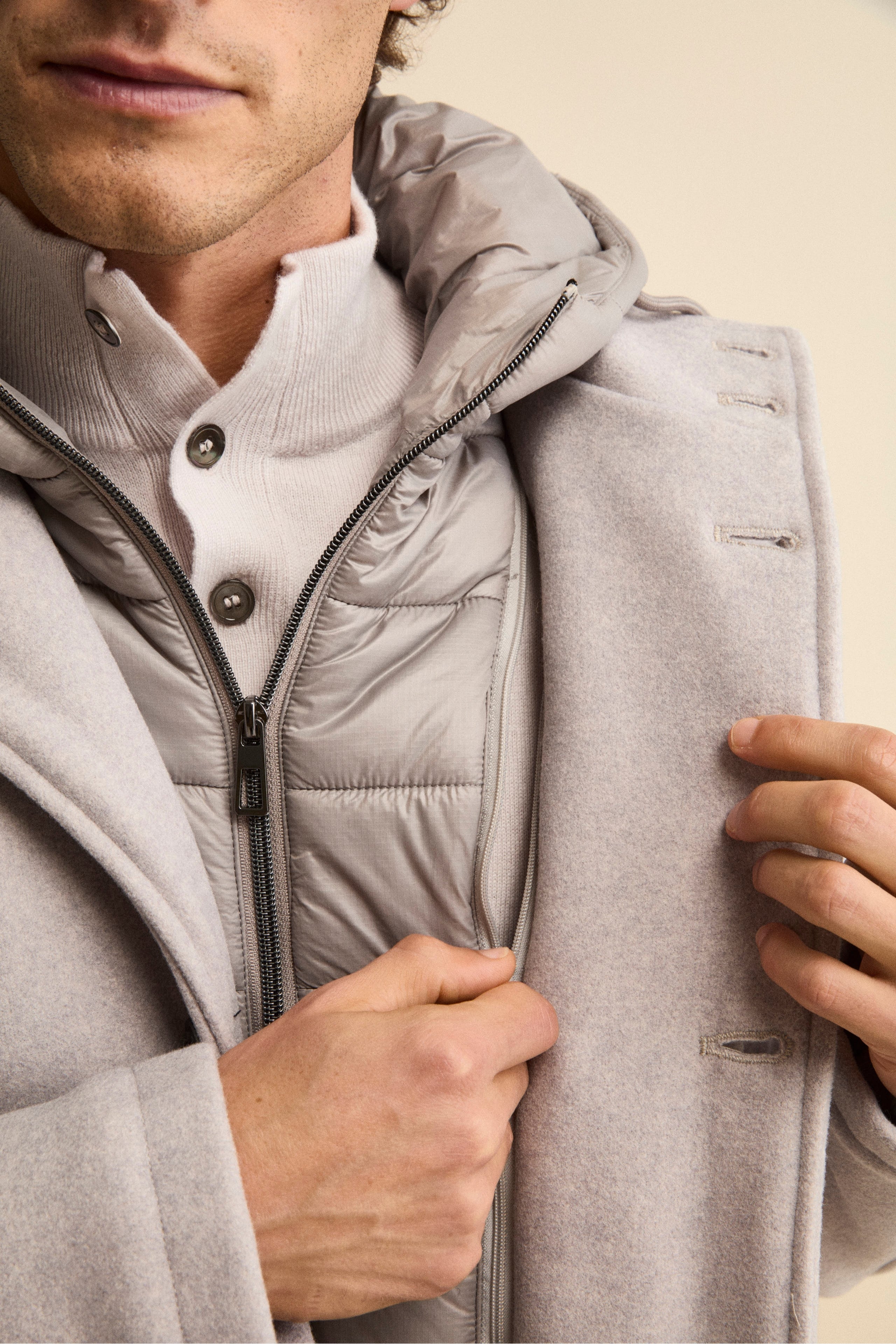 Wool Blend Coat with Removable Hood - Light grey