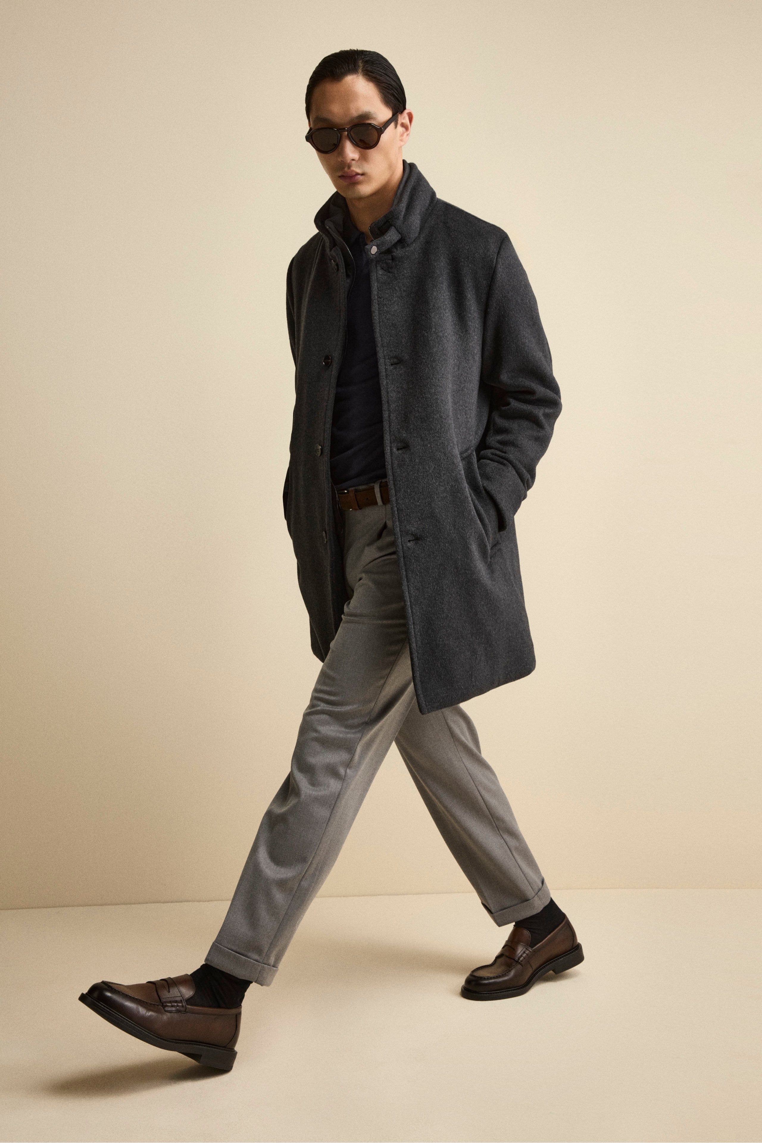 Midi Coat in Wool Blend with Removable Zip-Out Bib - Charcoal grey