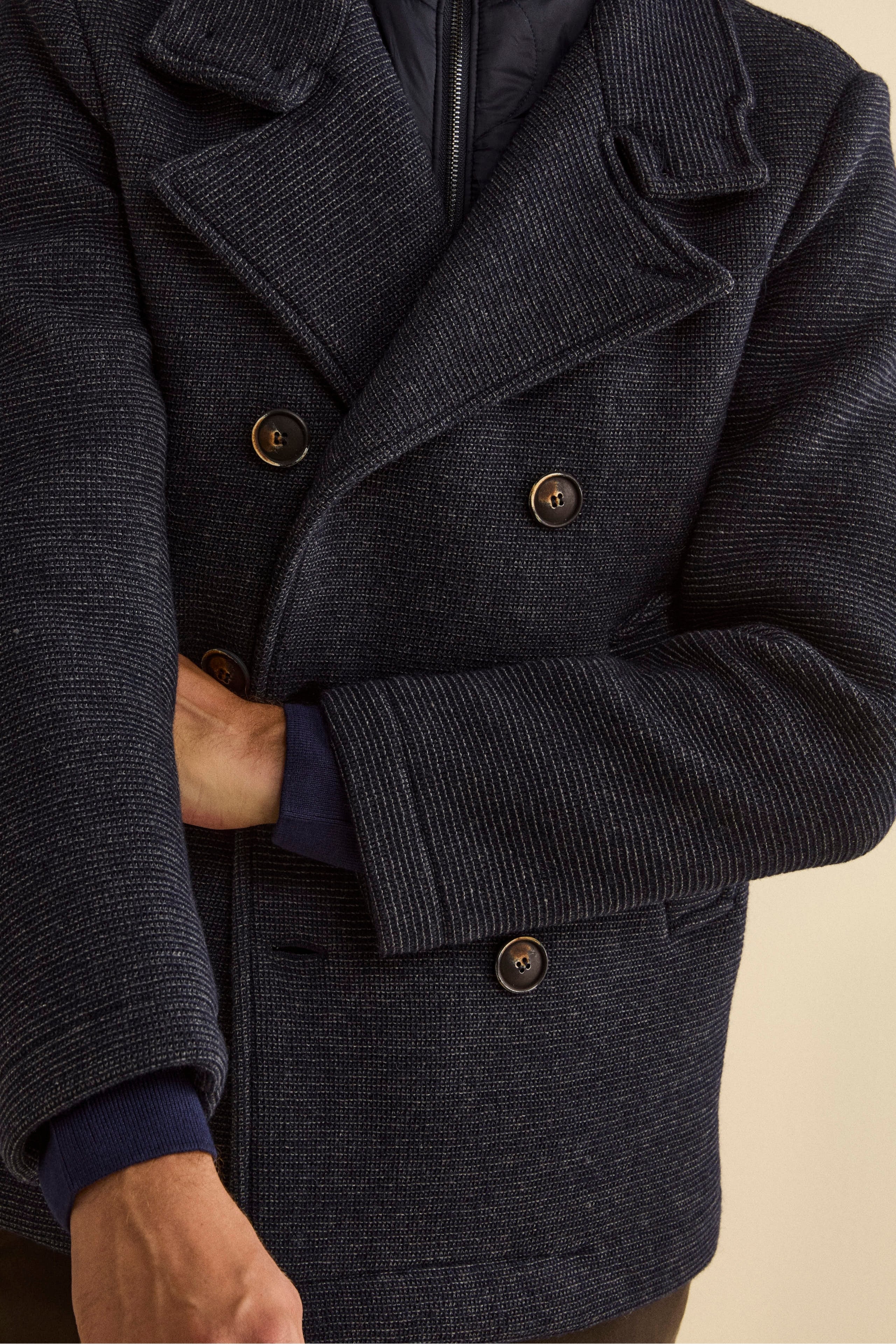 Wool-Blend Double-Breasted Peacoat with Bib - Blue melange