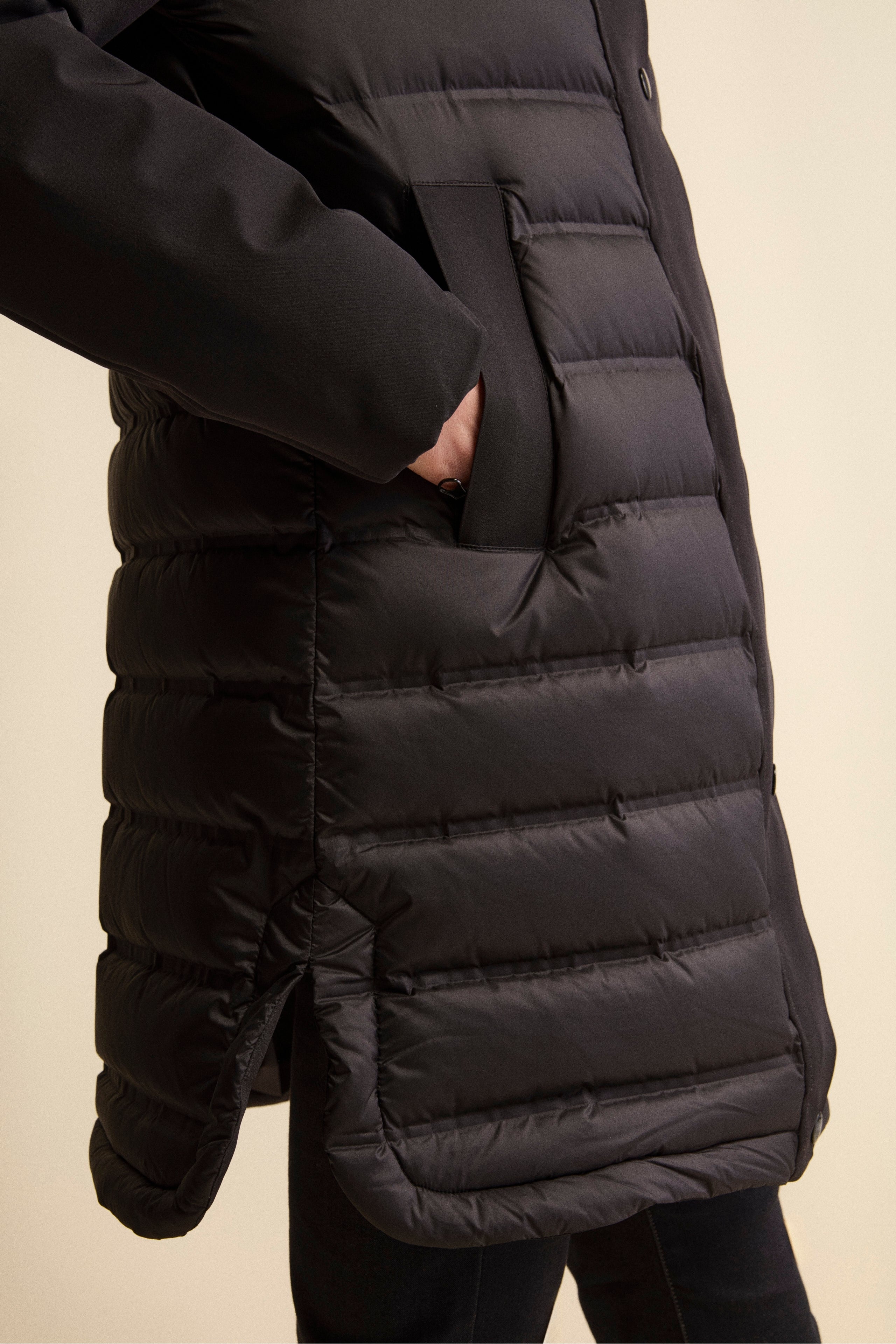 Long Padded Coat in Double Fabric - BLACK