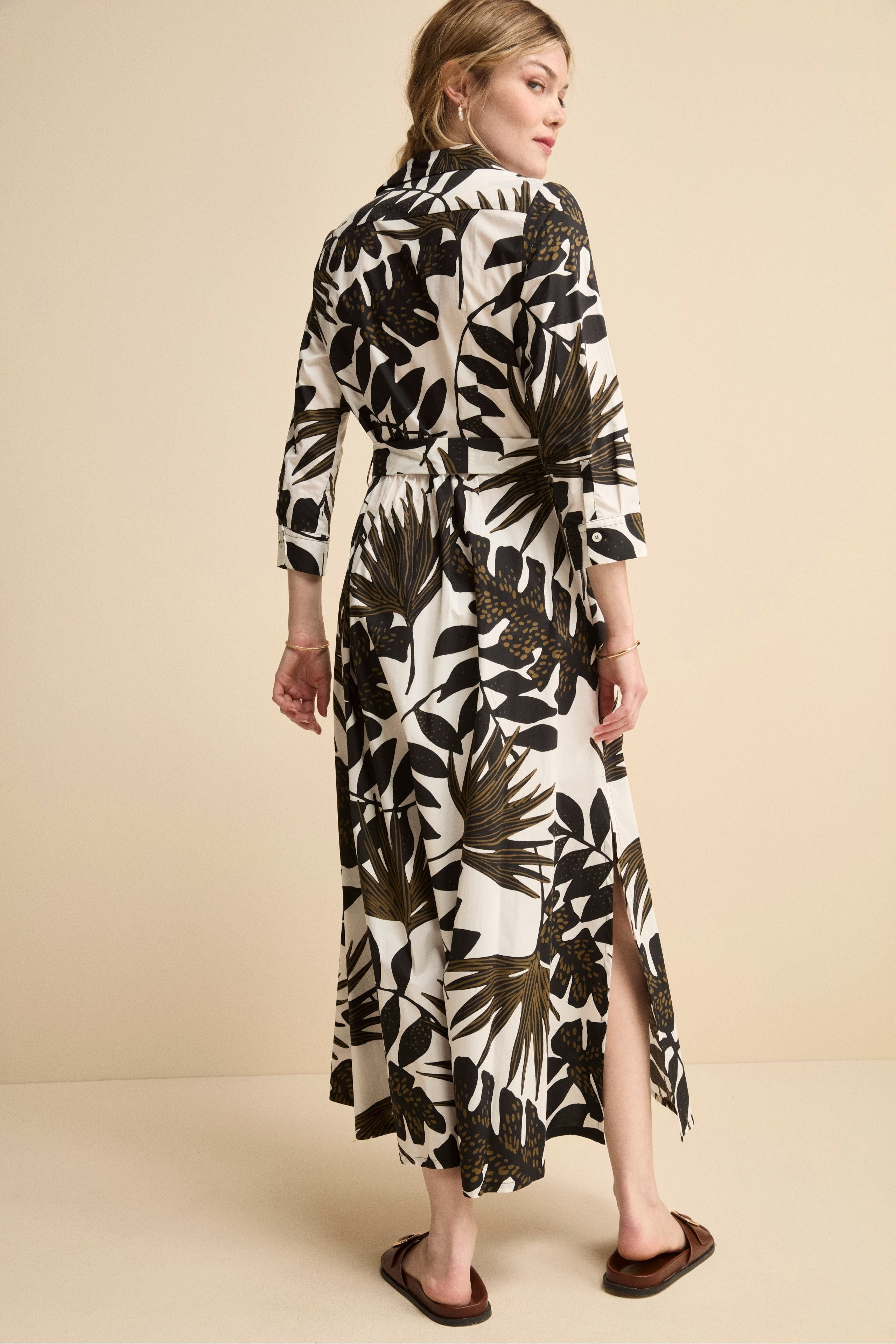 Abito Floreale in Popeline con Cintura - FANT. BIANCO/NERO