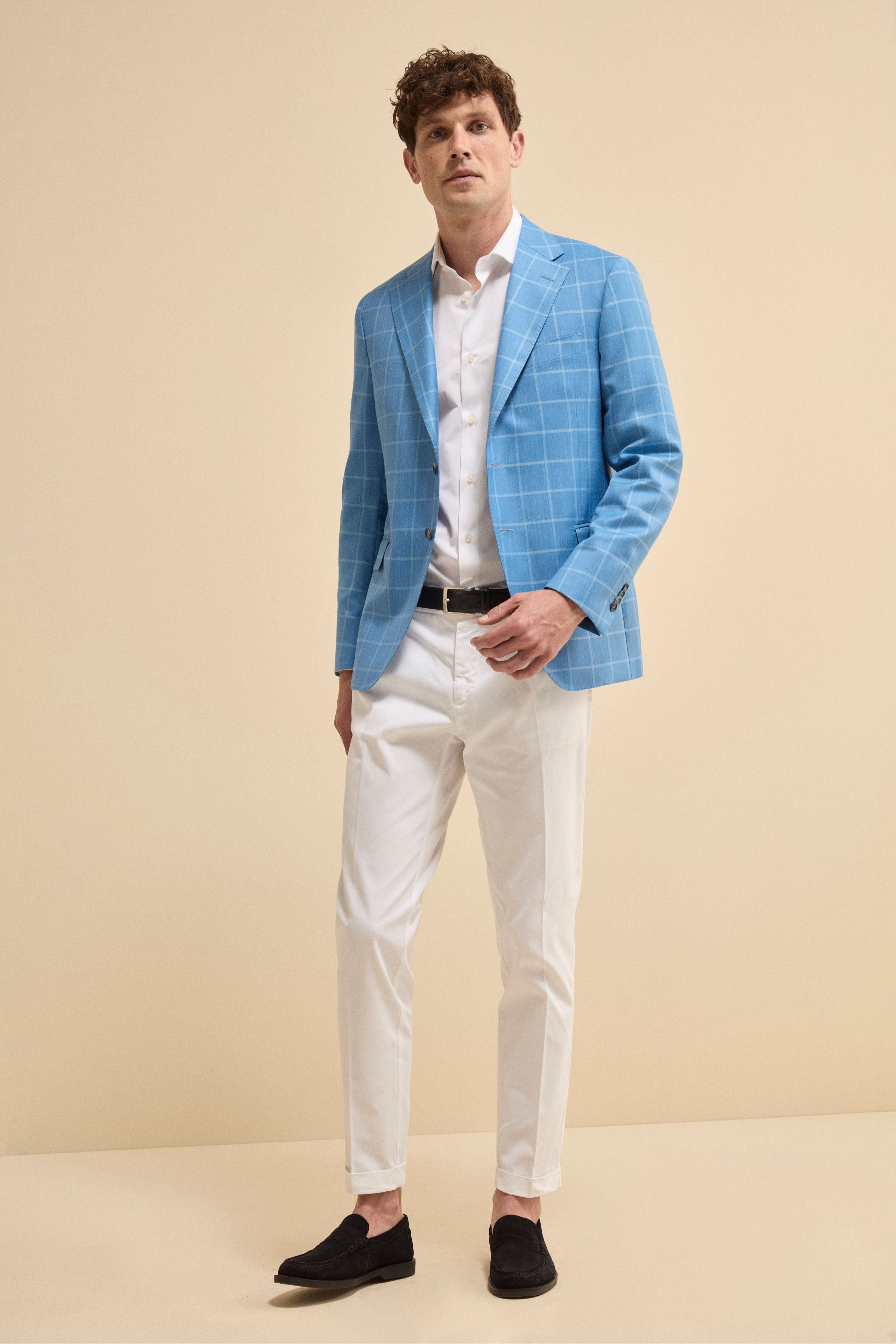 Single-Breasted Checked Jacket in Silk and Cashmere - Light blue check