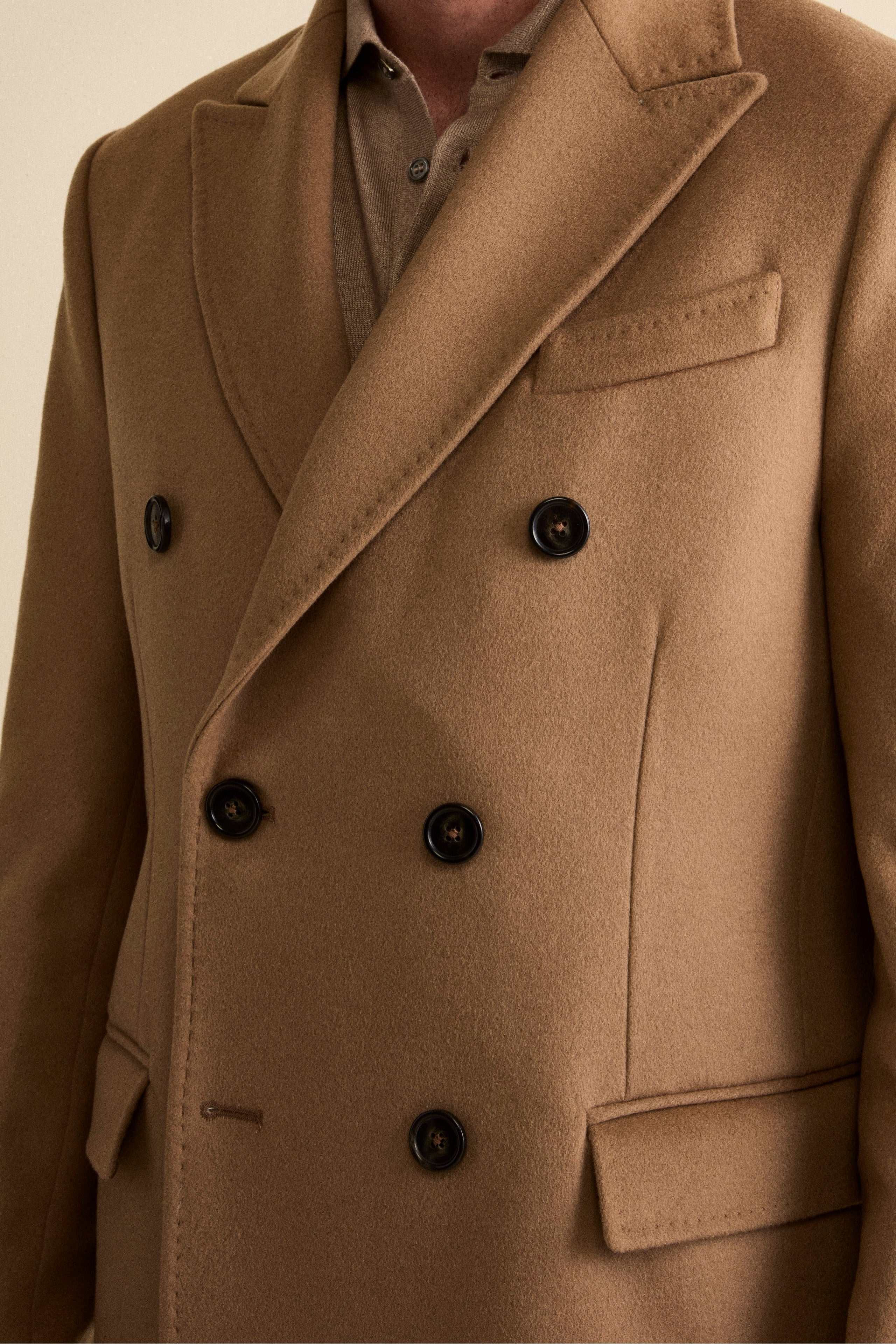 Midi Double-Breasted Coat in Wool and Cashmere Blend with Half-Belt - Camel