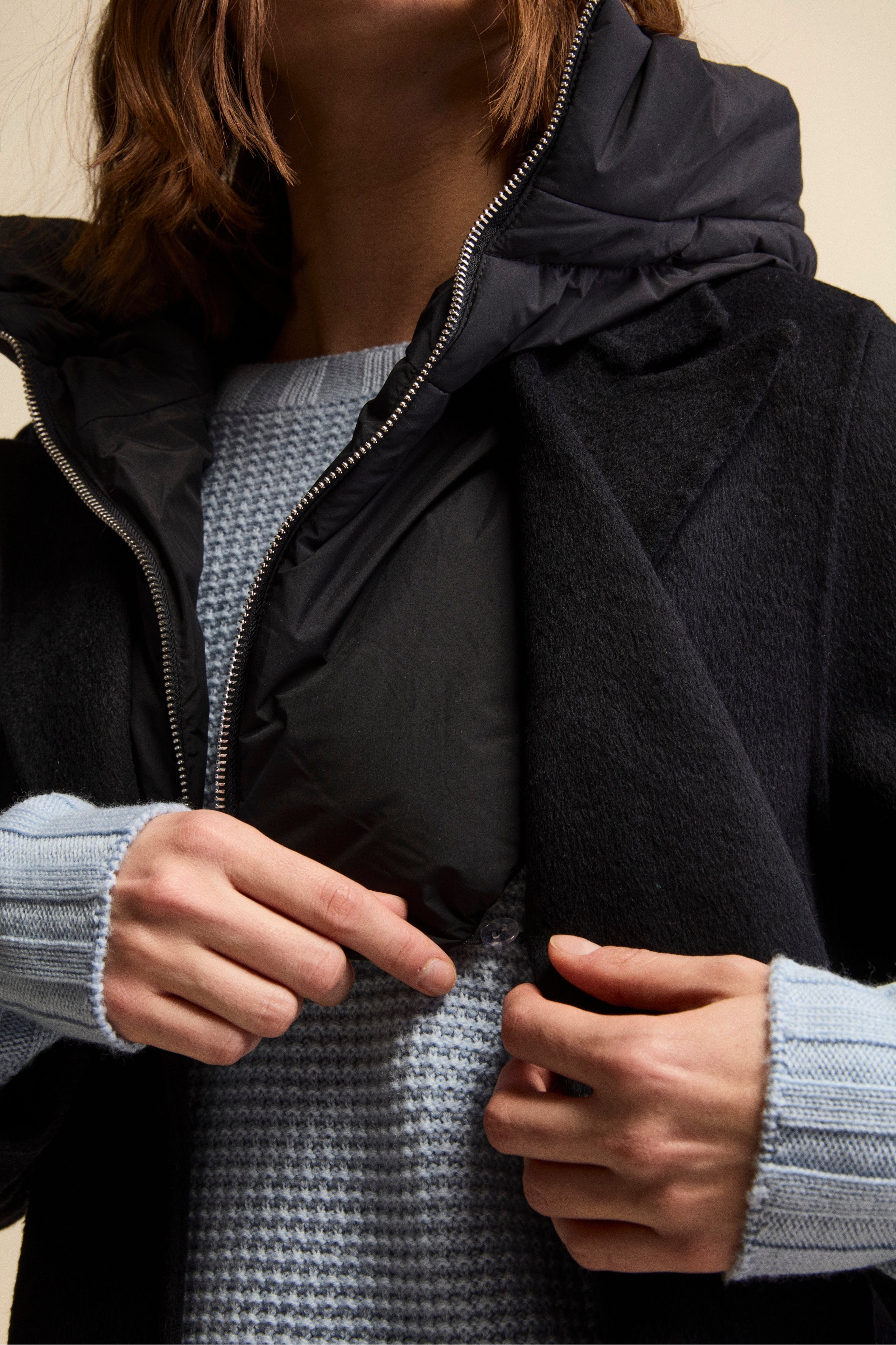 Long Wool-Blend Coat with Detachable Bib and Hood - BLUE