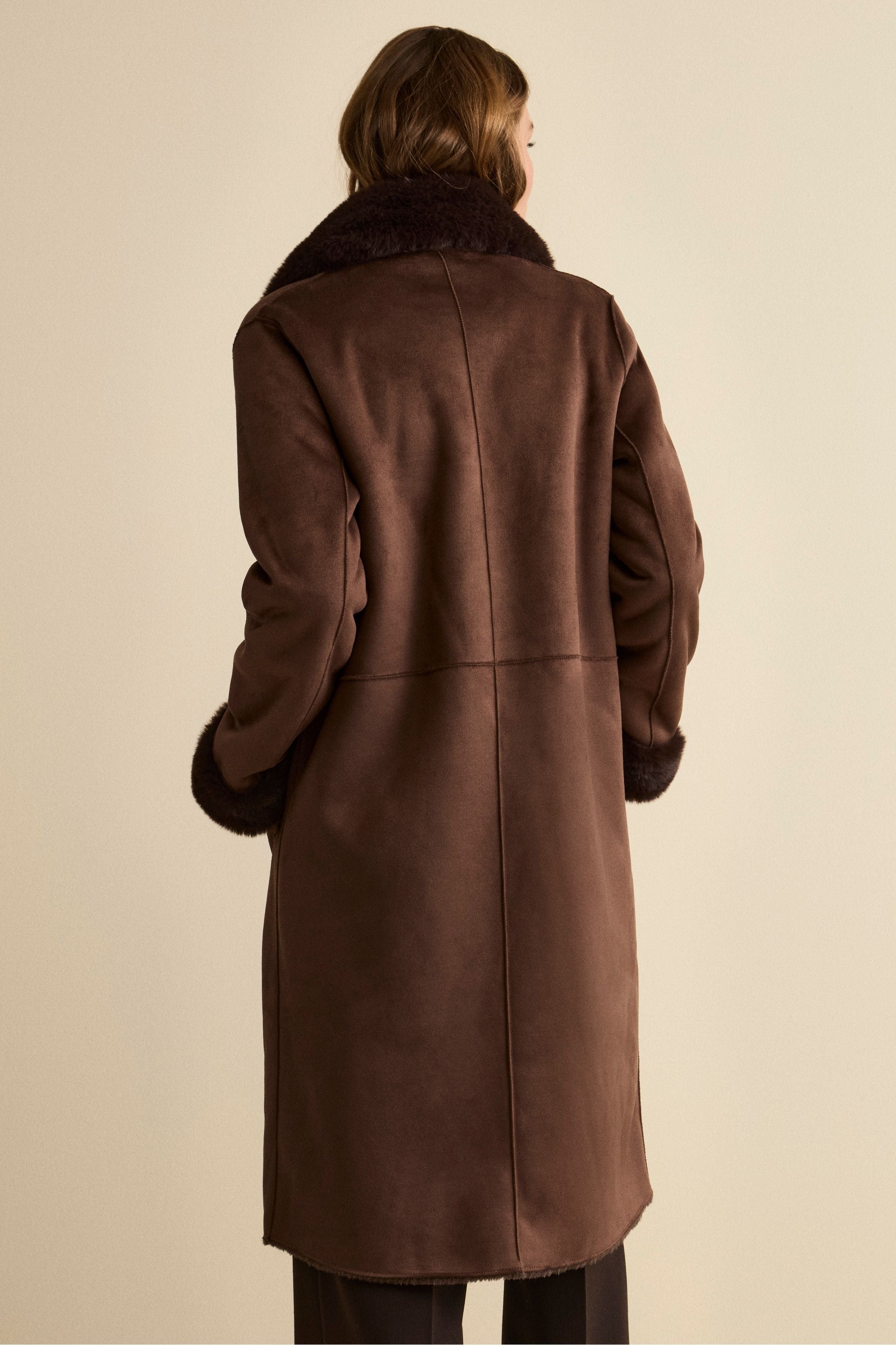 Midi Eco-Shearling Coat - Dark brown