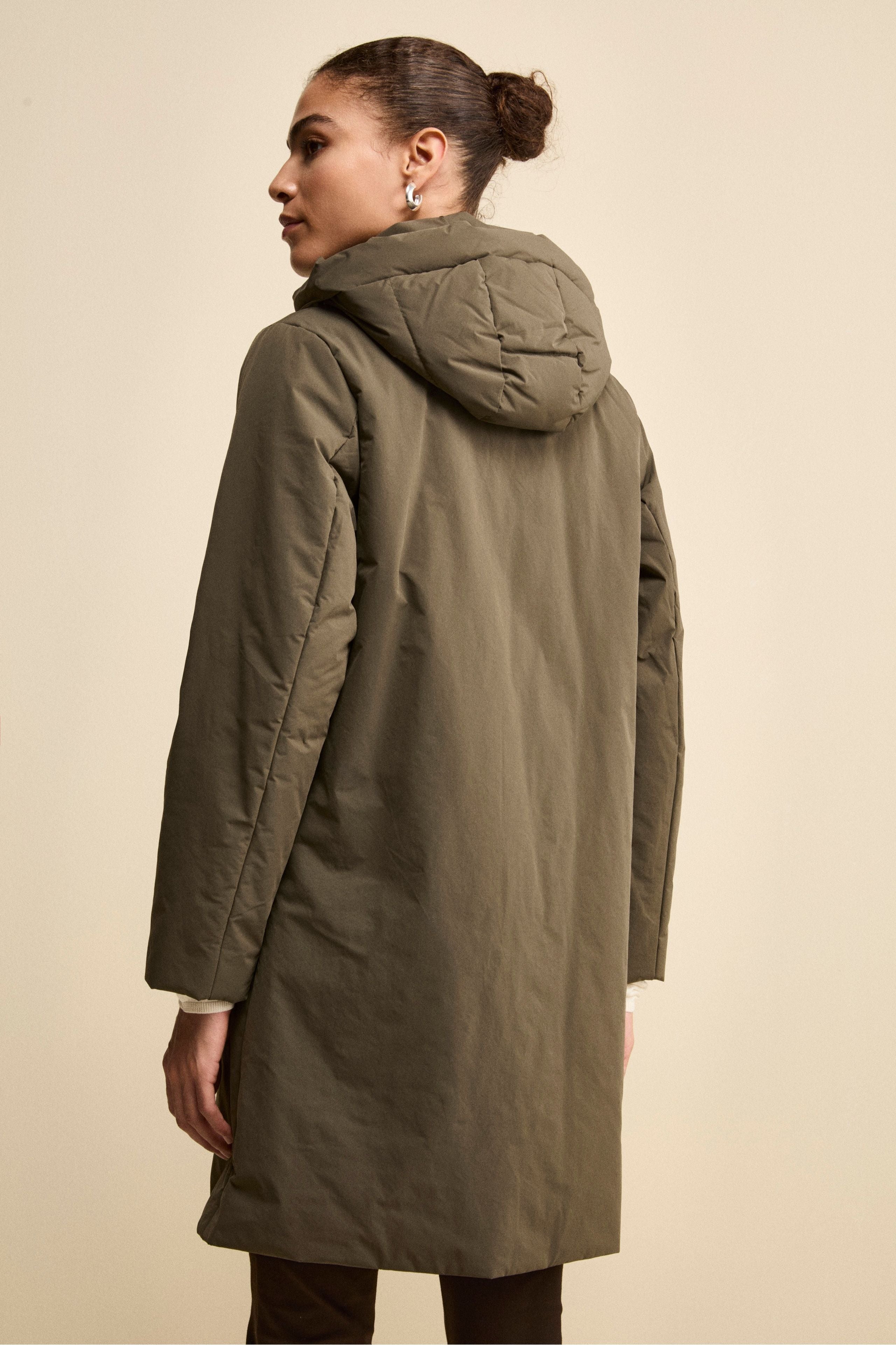 Padded Midi Raincoat with Detachable Hood - Military green