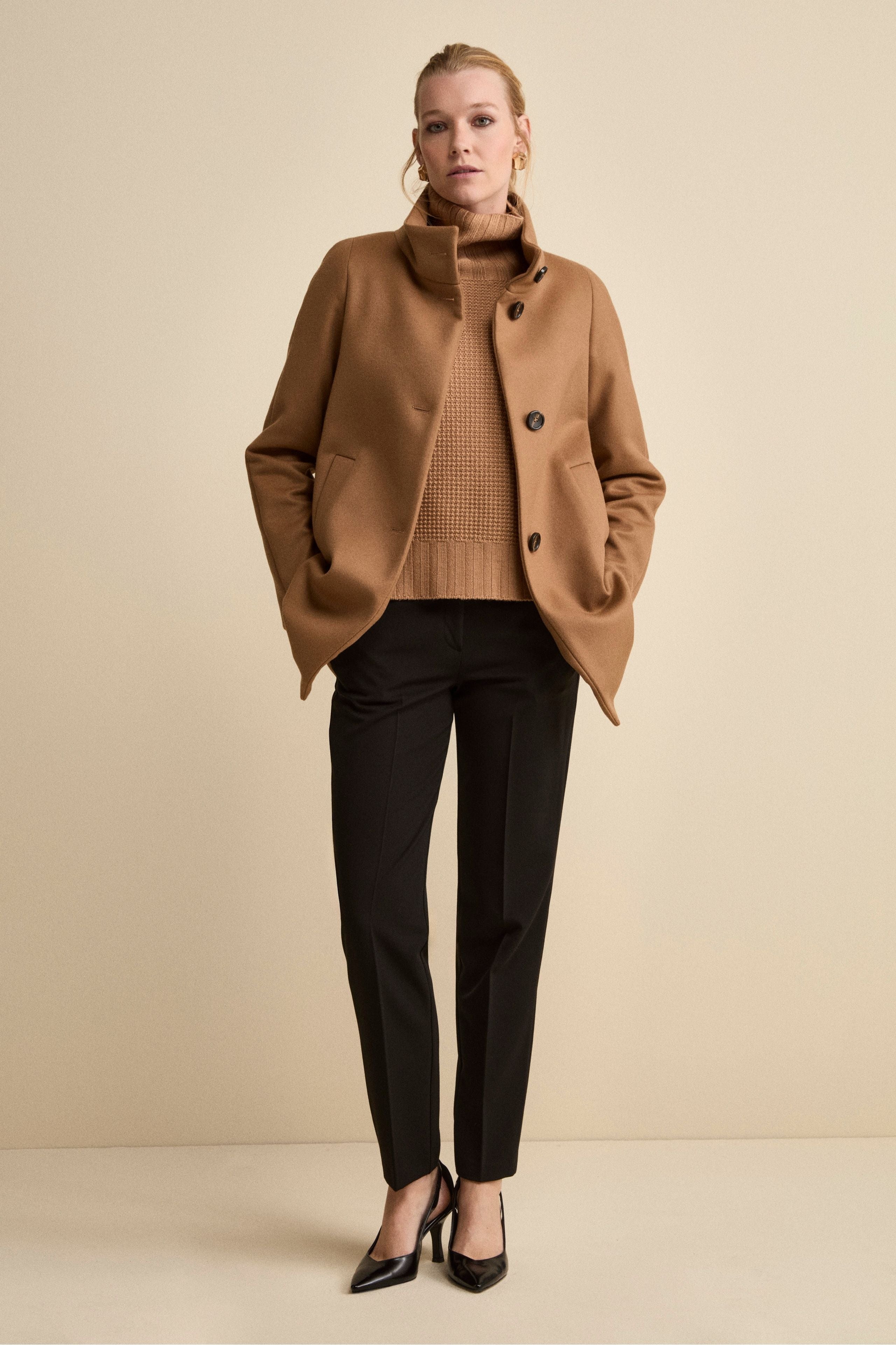Short Lined Coat with High Collar - BROWN