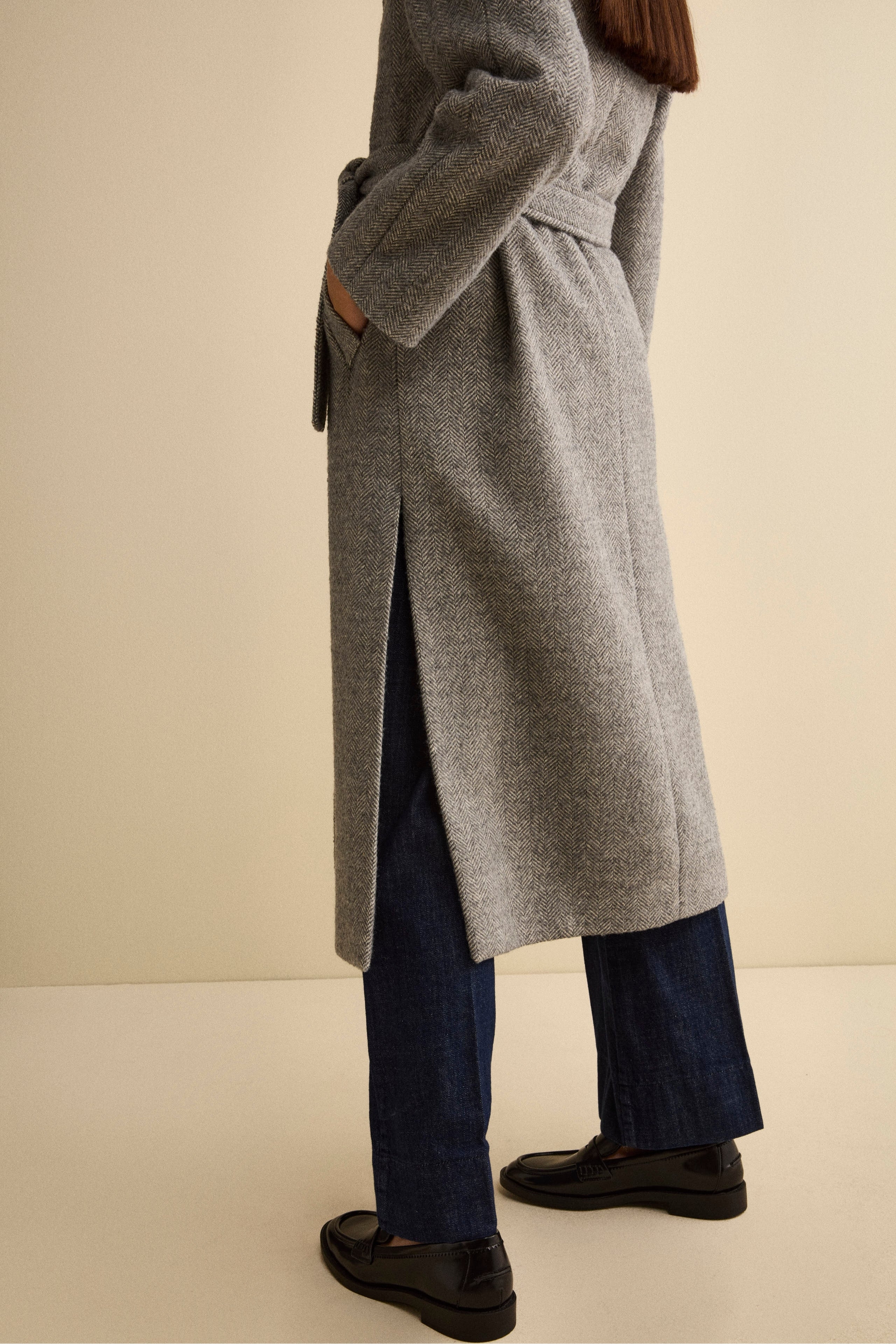 Wrap Coat with Belt in Wool Blend - Grey herringbone