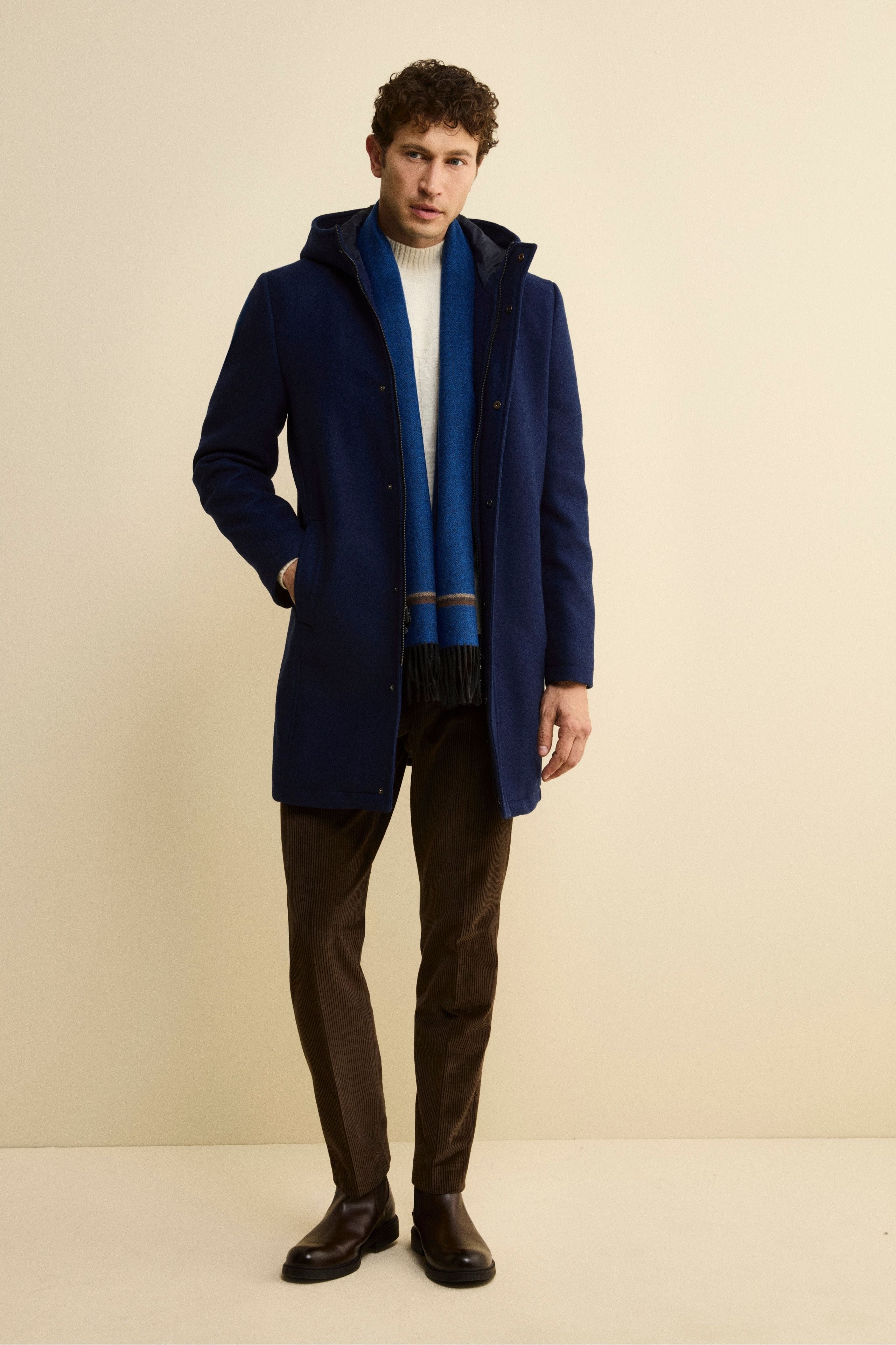 Twill Wool Blend Coat with Zip and Hood - BLUE