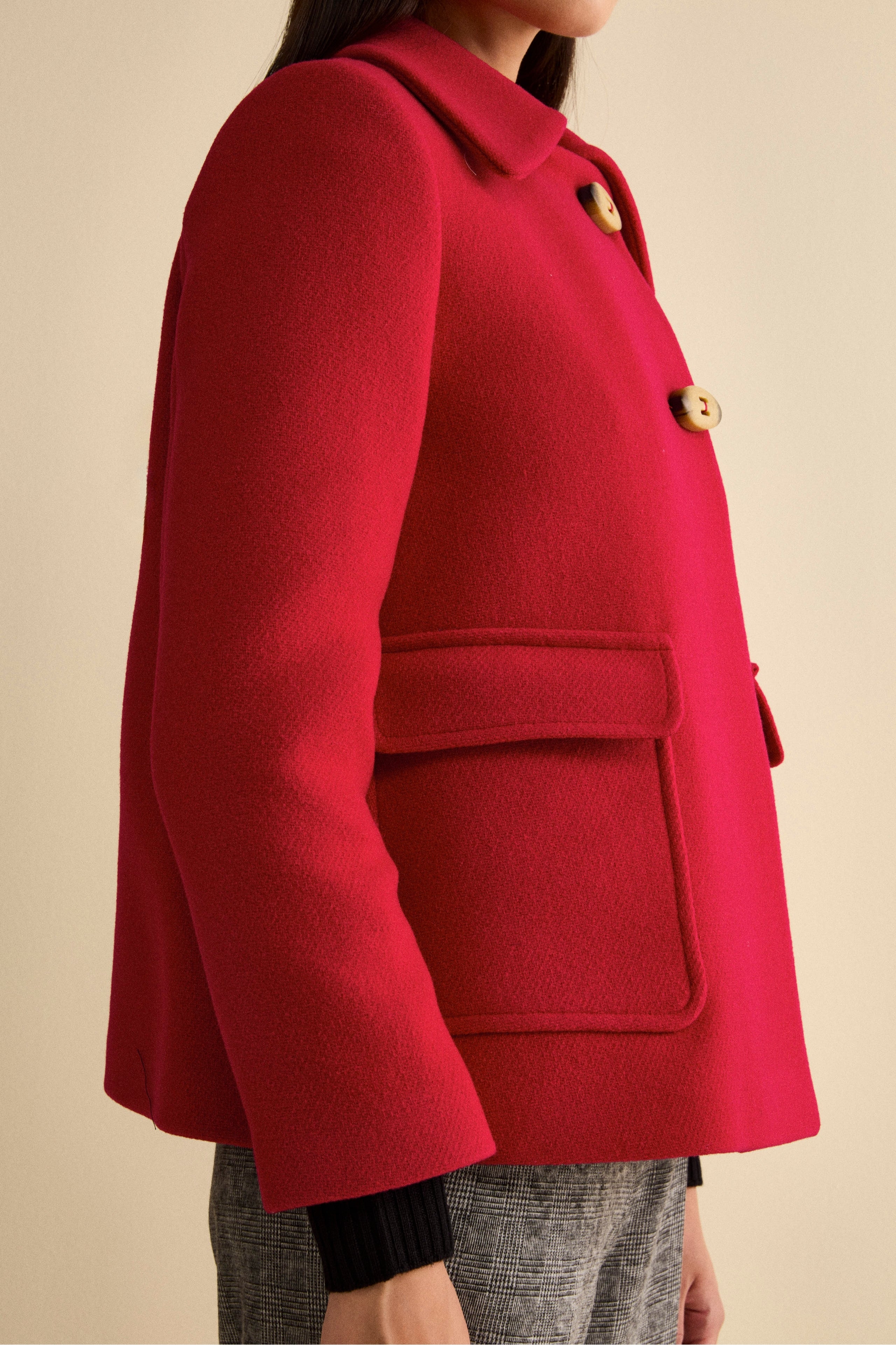 Manteau Court Évasé en Laine Vierge Mélangée - ROUGE