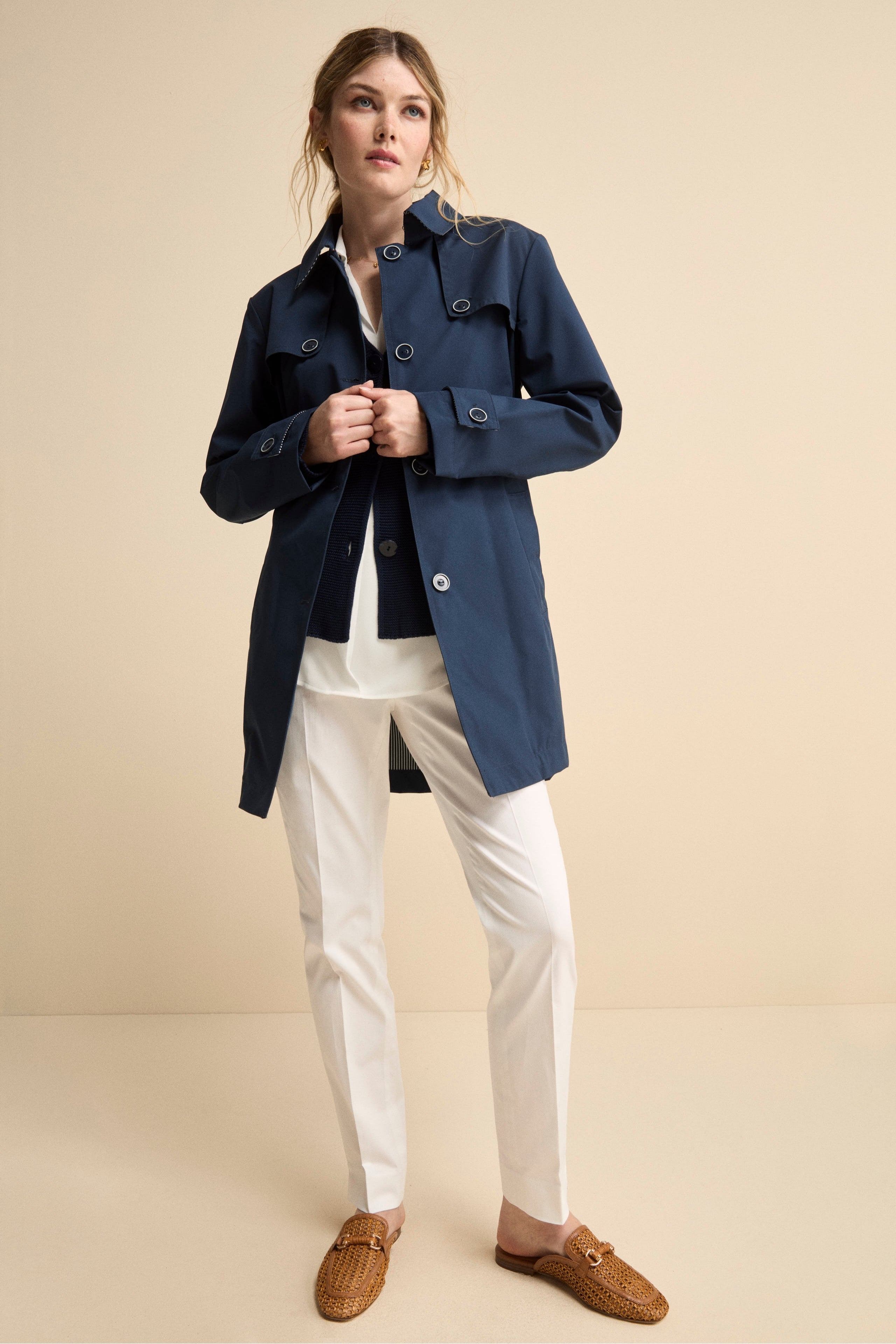 Trench Monopetto Midi con Cintura - BLU