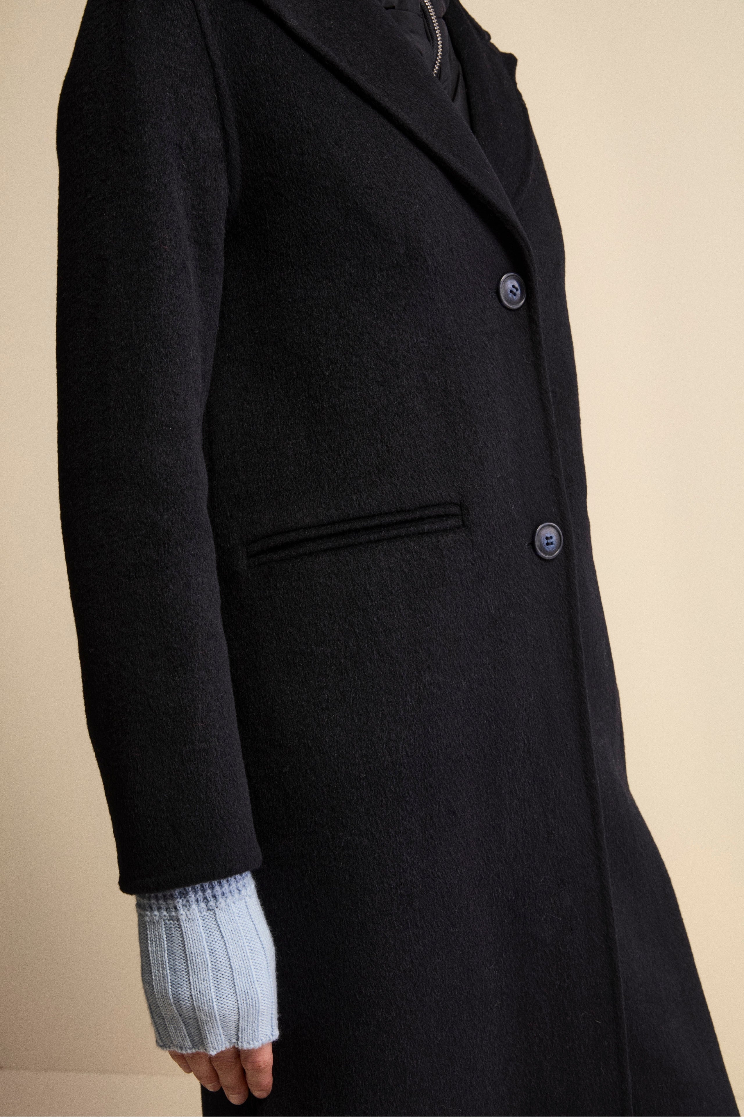 Long Wool-Blend Coat with Detachable Bib and Hood - BLUE