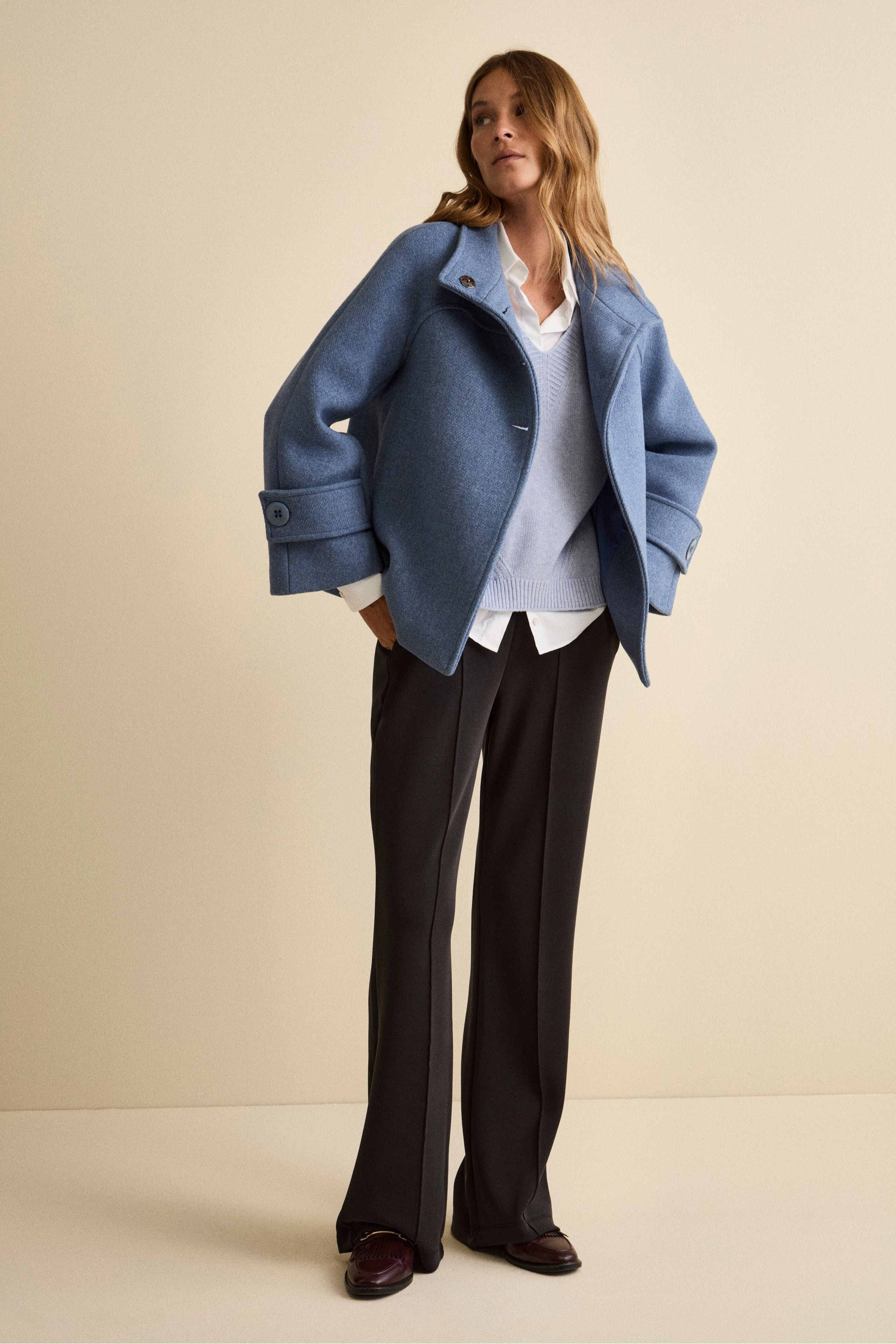 Short Wool Blend Coat with Bell Sleeves - Dust grey