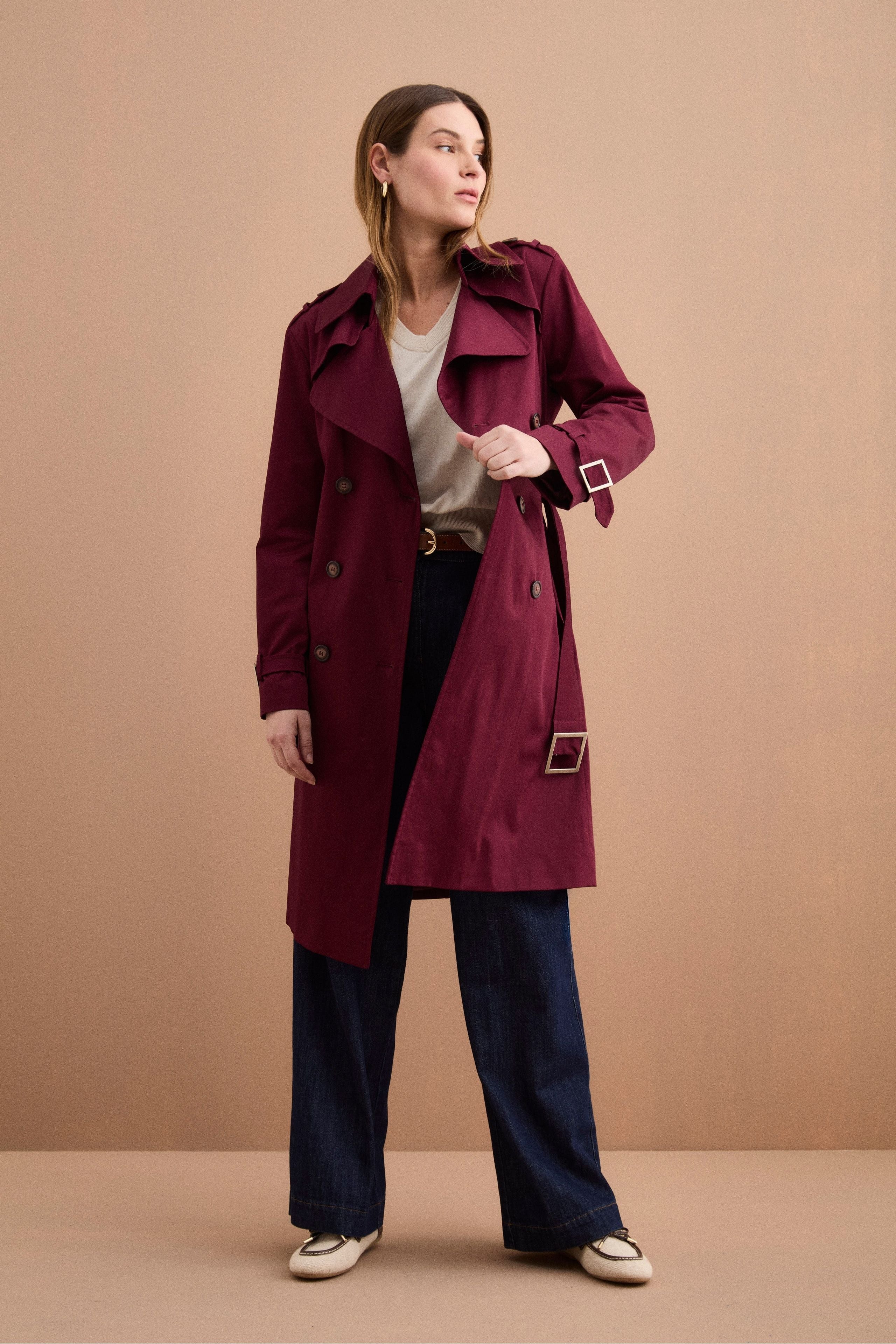 Trench Lungo Doppiopetto Foderato con Cintura - BORDEAUX