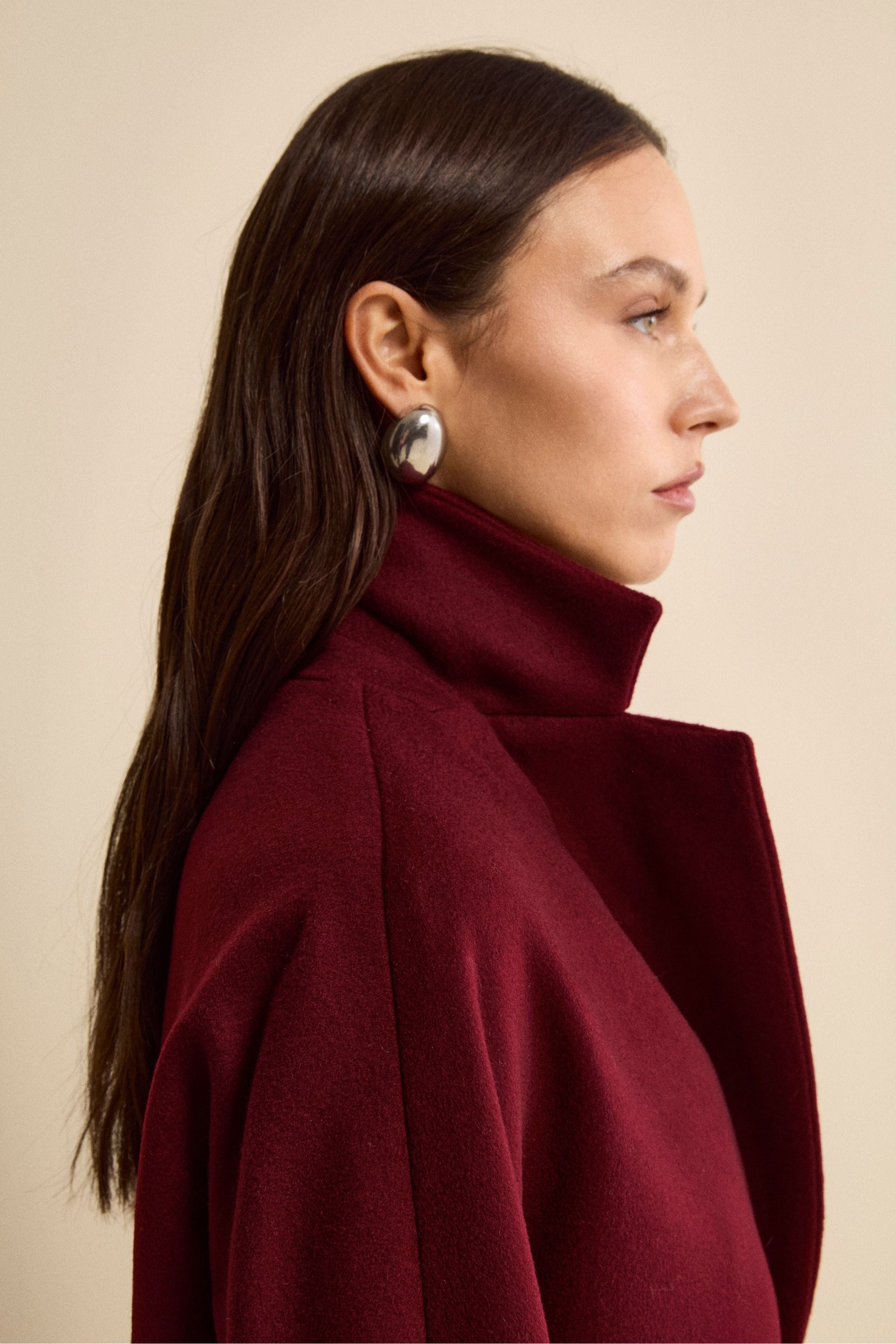 Midi Double-Breasted Coat in Wool and Cashmere Blend - Burgundy