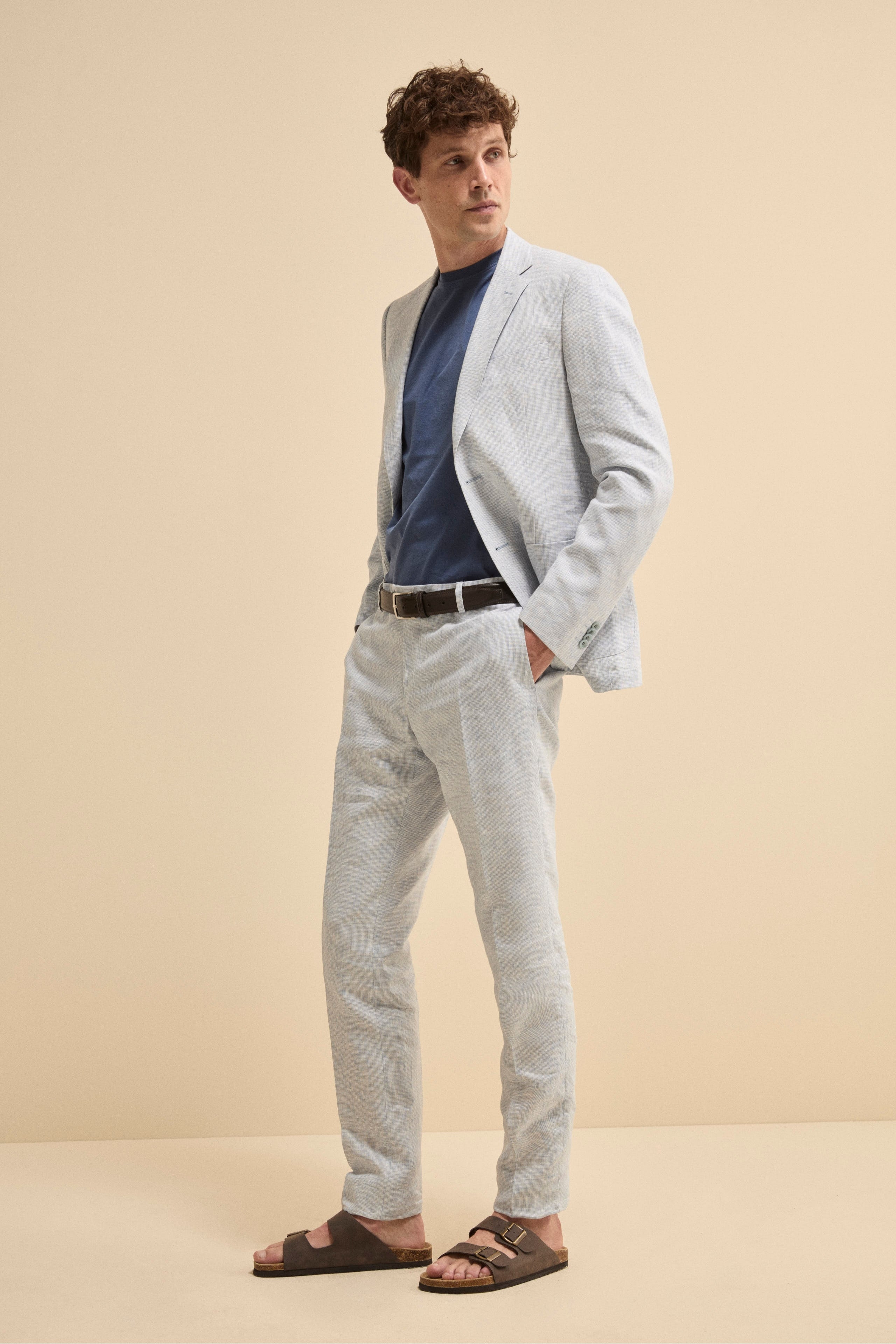 Slim Fit Abito Lino Slim Fit Single-Breasted Linen Suit Light Blue