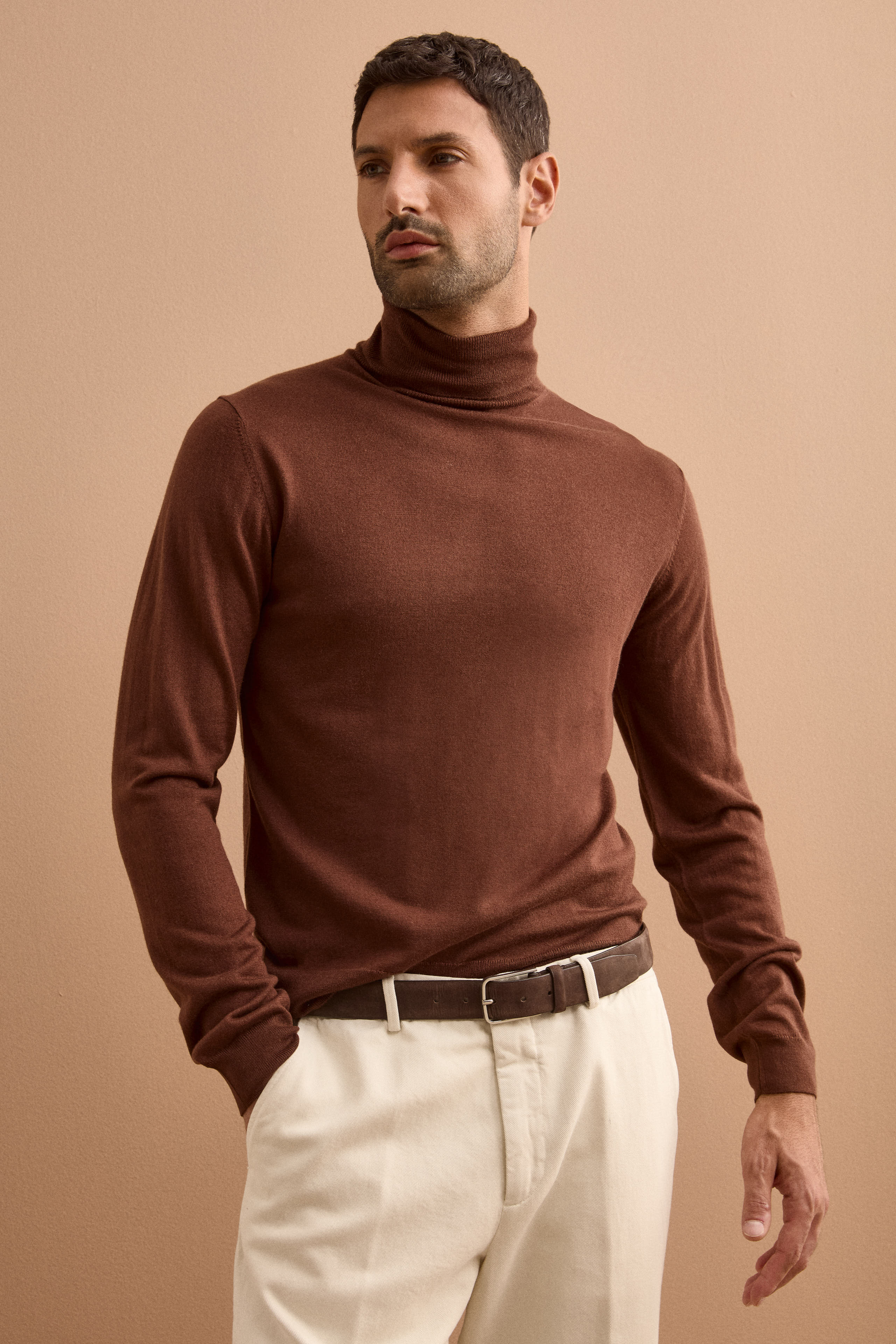 Pull à col roulé en soie et cachemire - marron