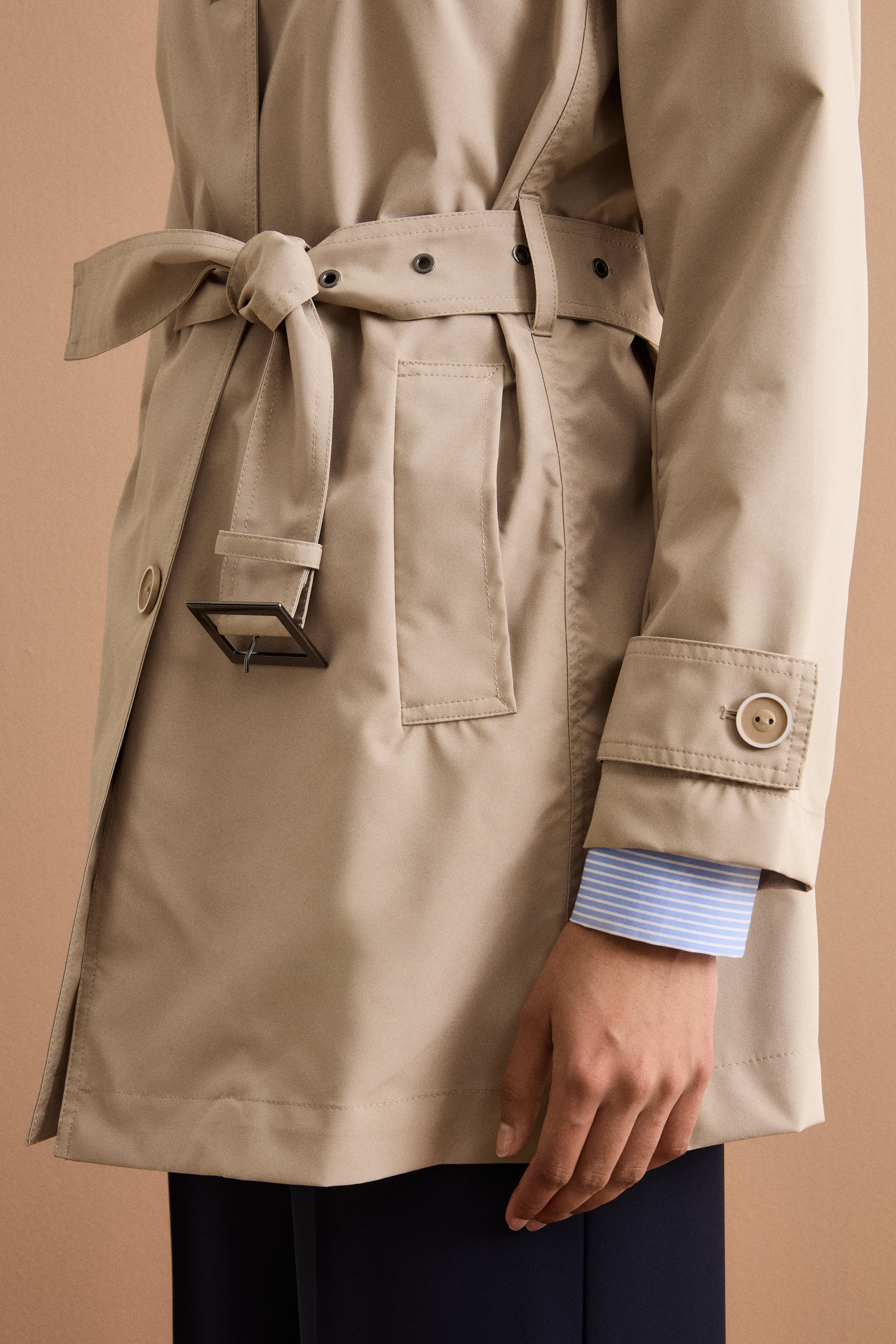 Trench Monopetto Midi con Cintura - BEIGE
