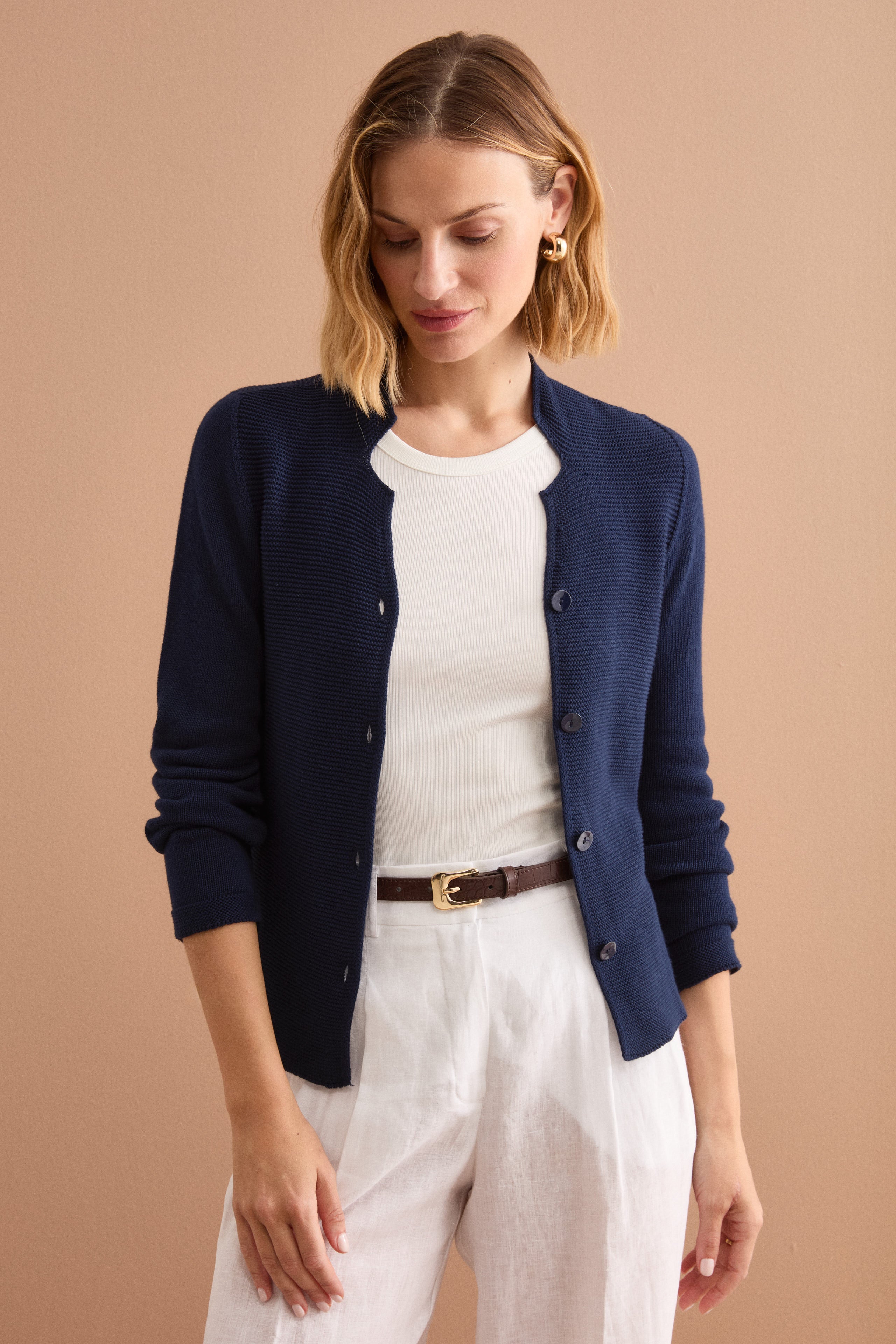Cardigan à Col V en Maille Links (coton) - BLEU