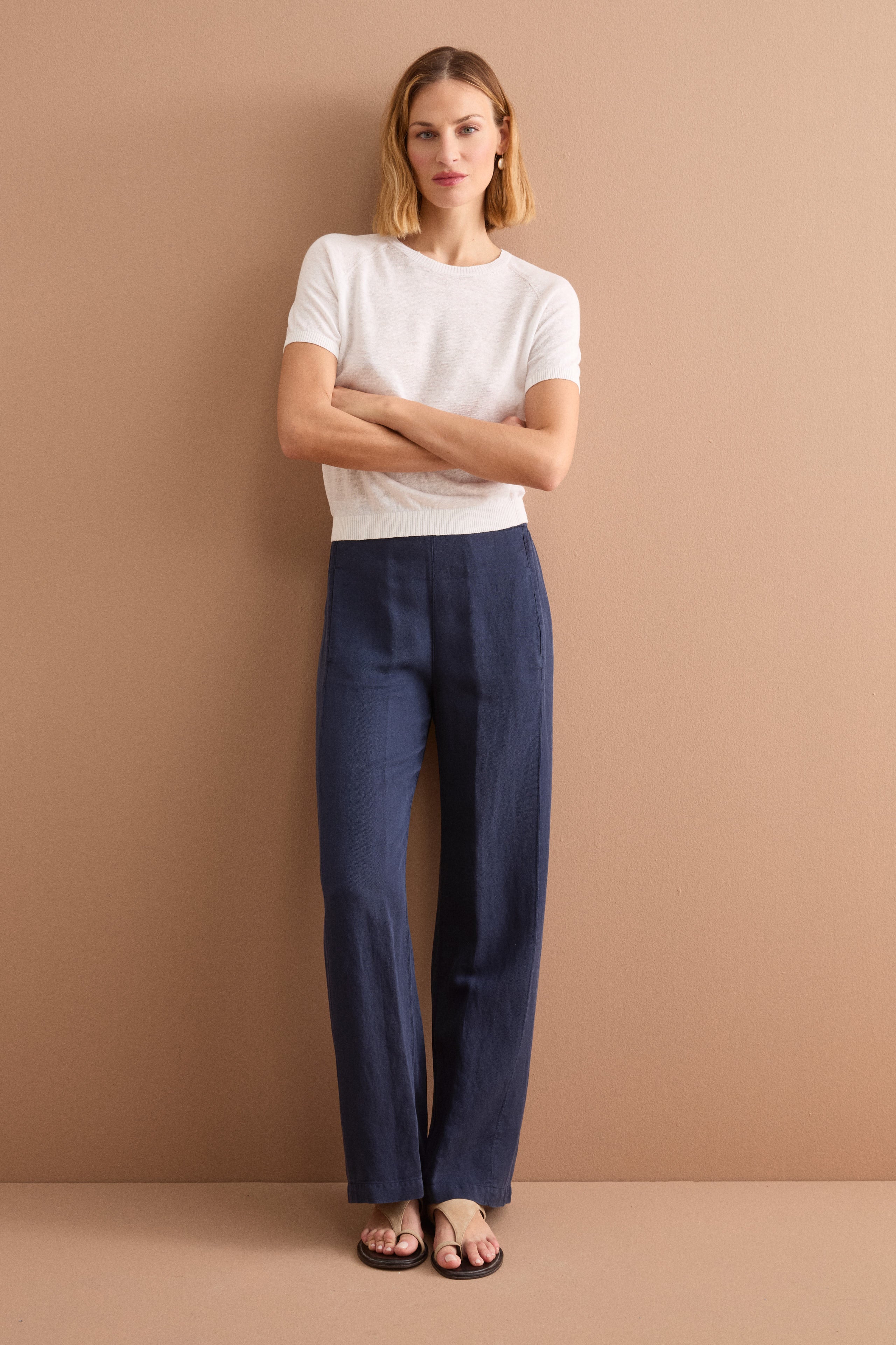 Wide Blended Linen Trousers with Elastic Waist - BLUE