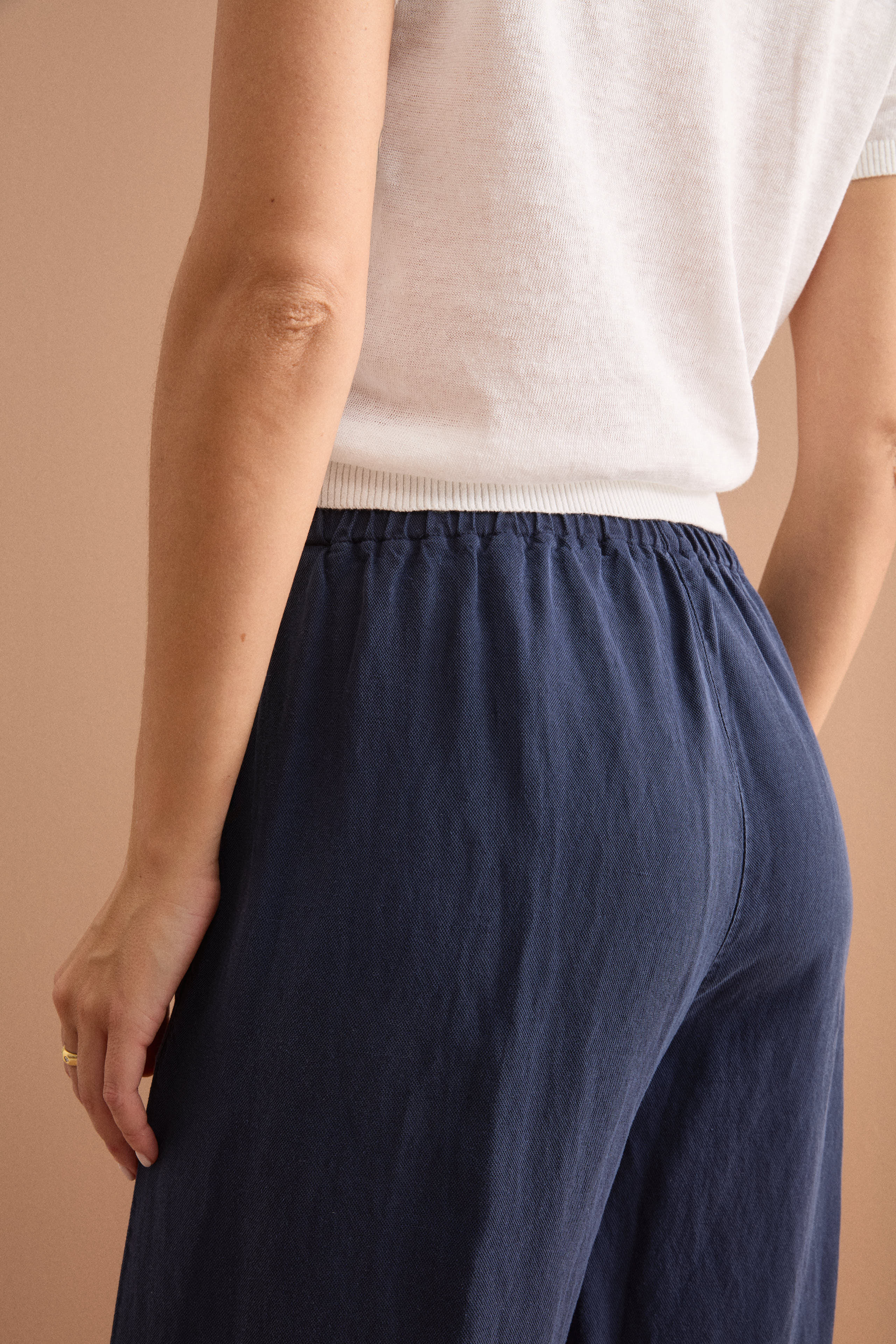 Wide Blended Linen Trousers with Elastic Waist - BLUE