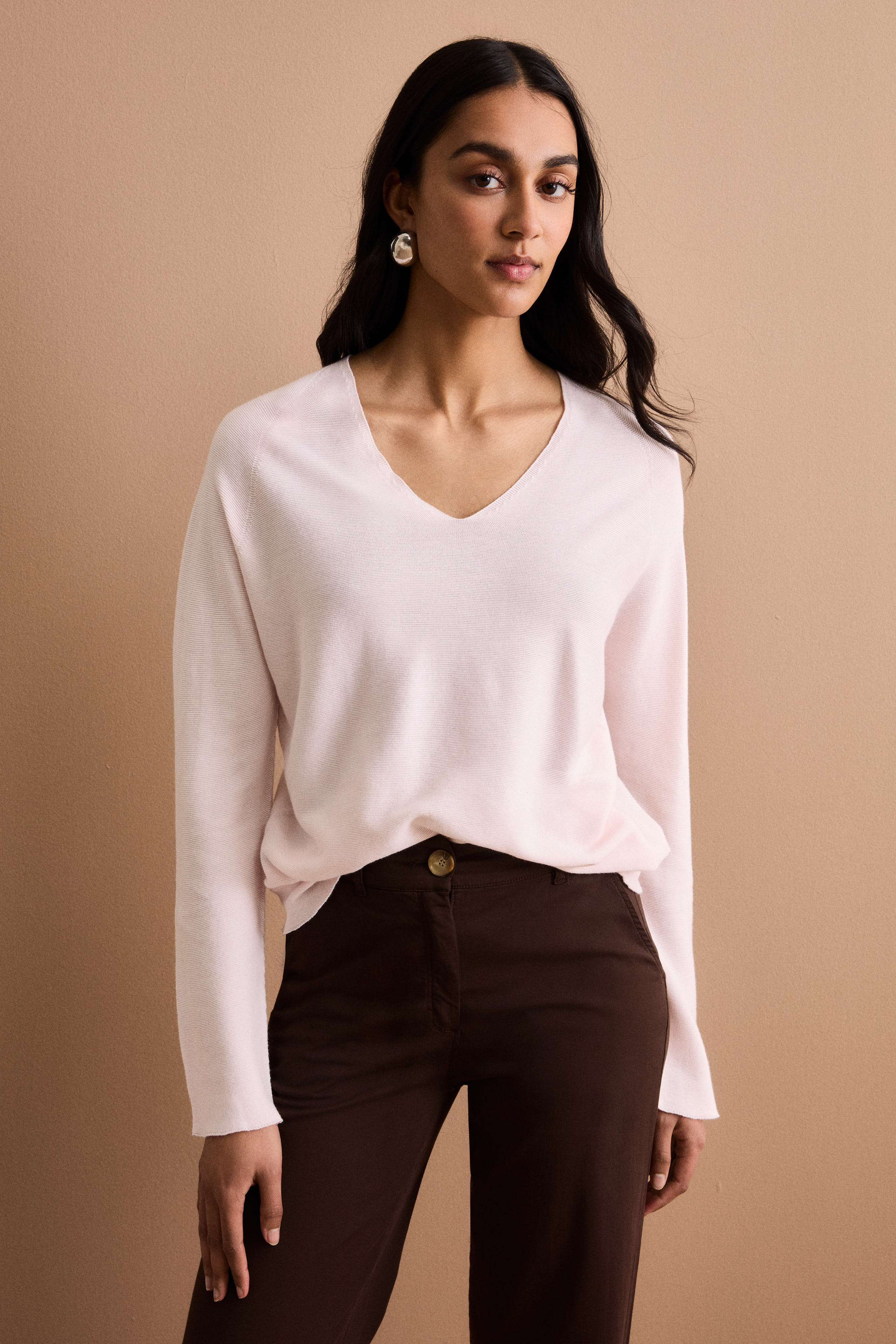 Linksstrick-Pullover mit V-Ausschnitt aus Baumwolle - Rosa