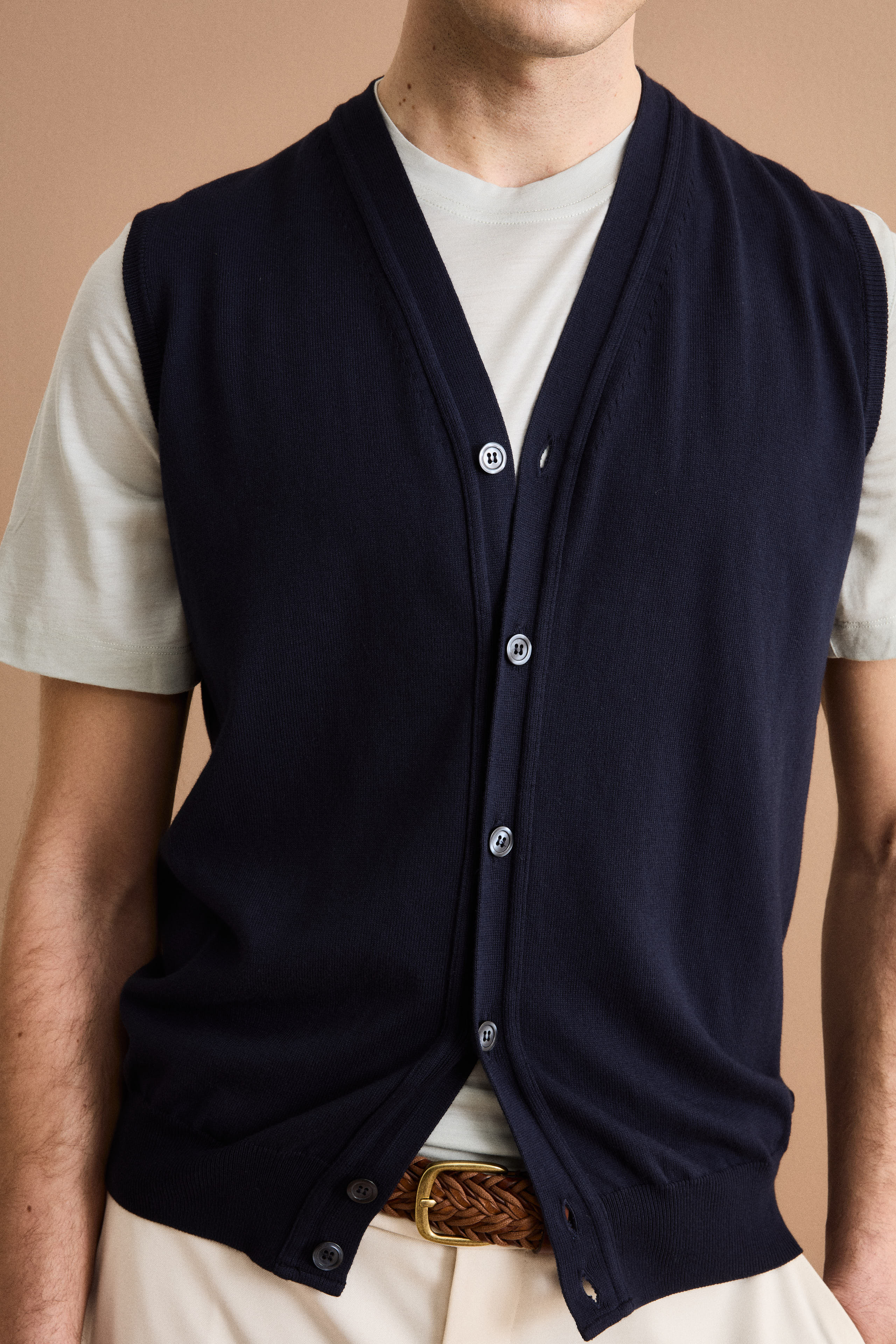 V-Neck Cotton Gilet with Buttons - BLUE