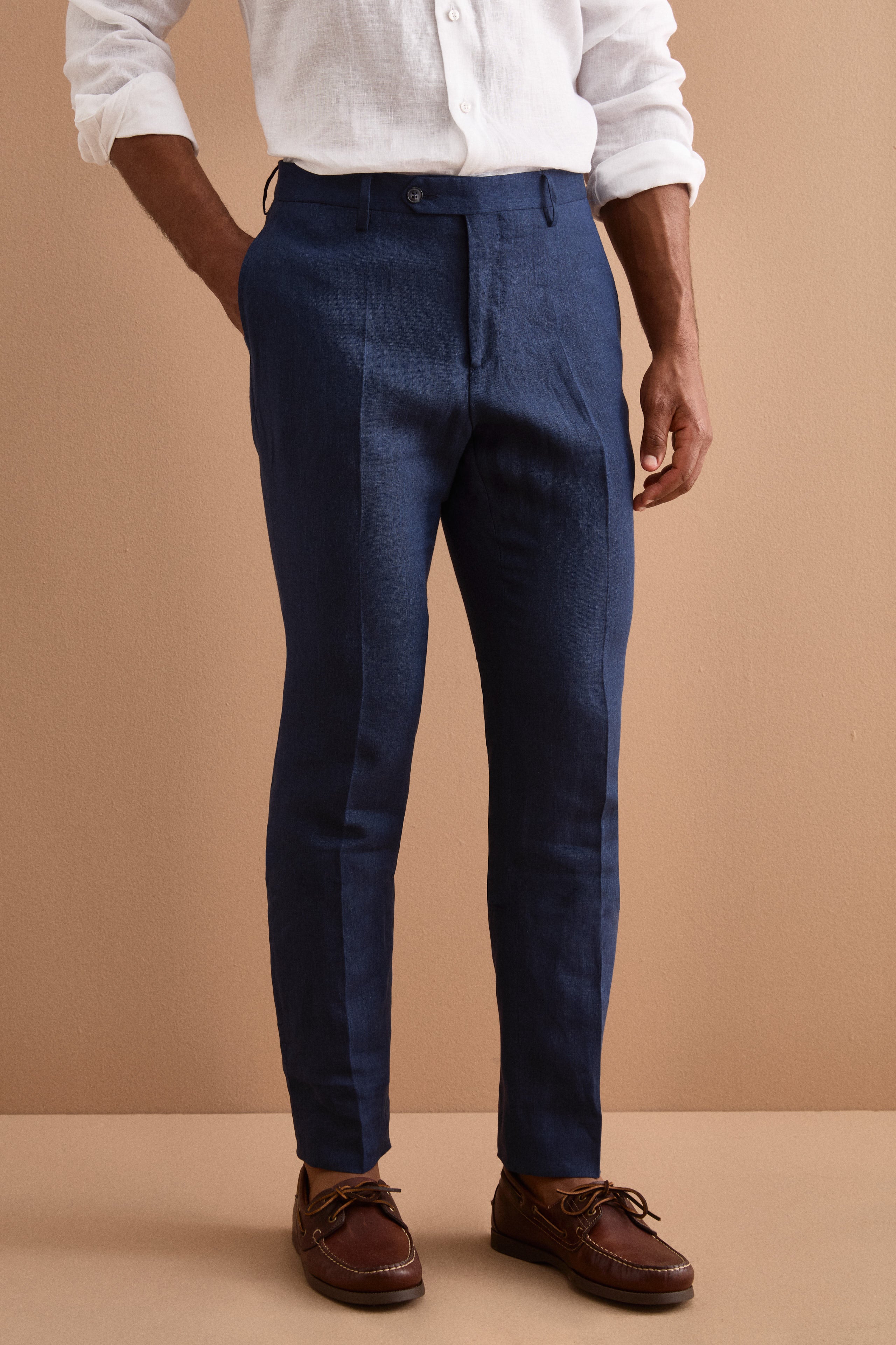 Pantalon Slim en Lin avec Plis sur le Devant - BLEU