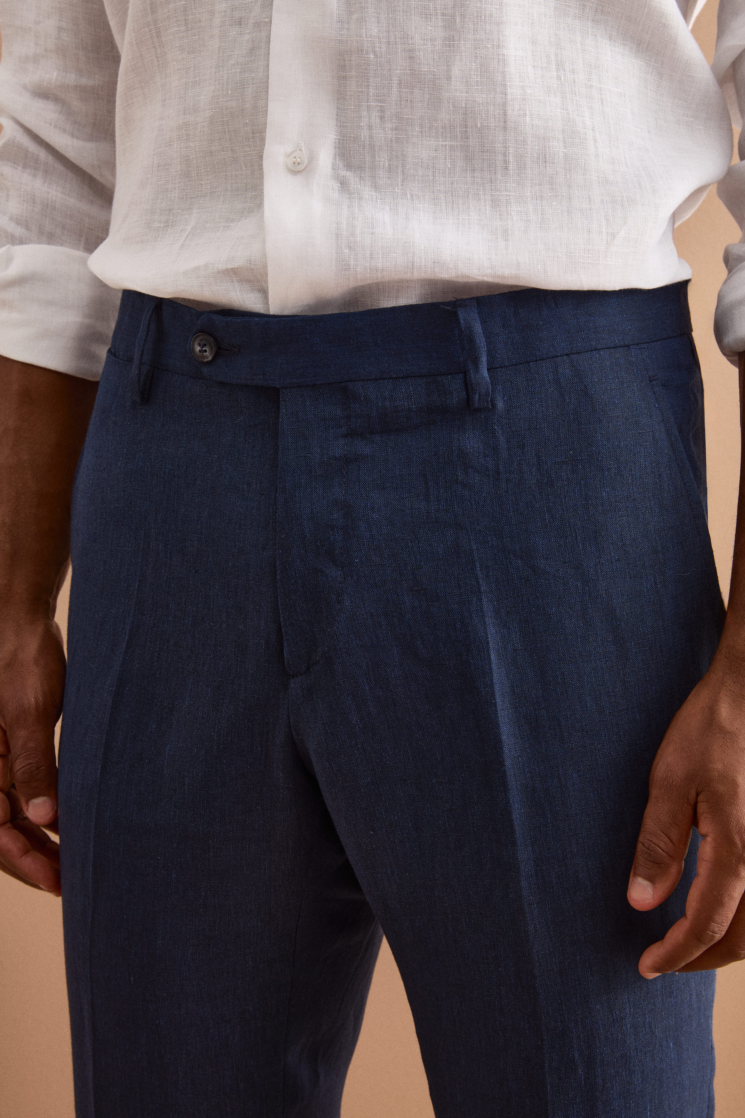 Pantalon Slim en Lin avec Plis sur le Devant - BLEU