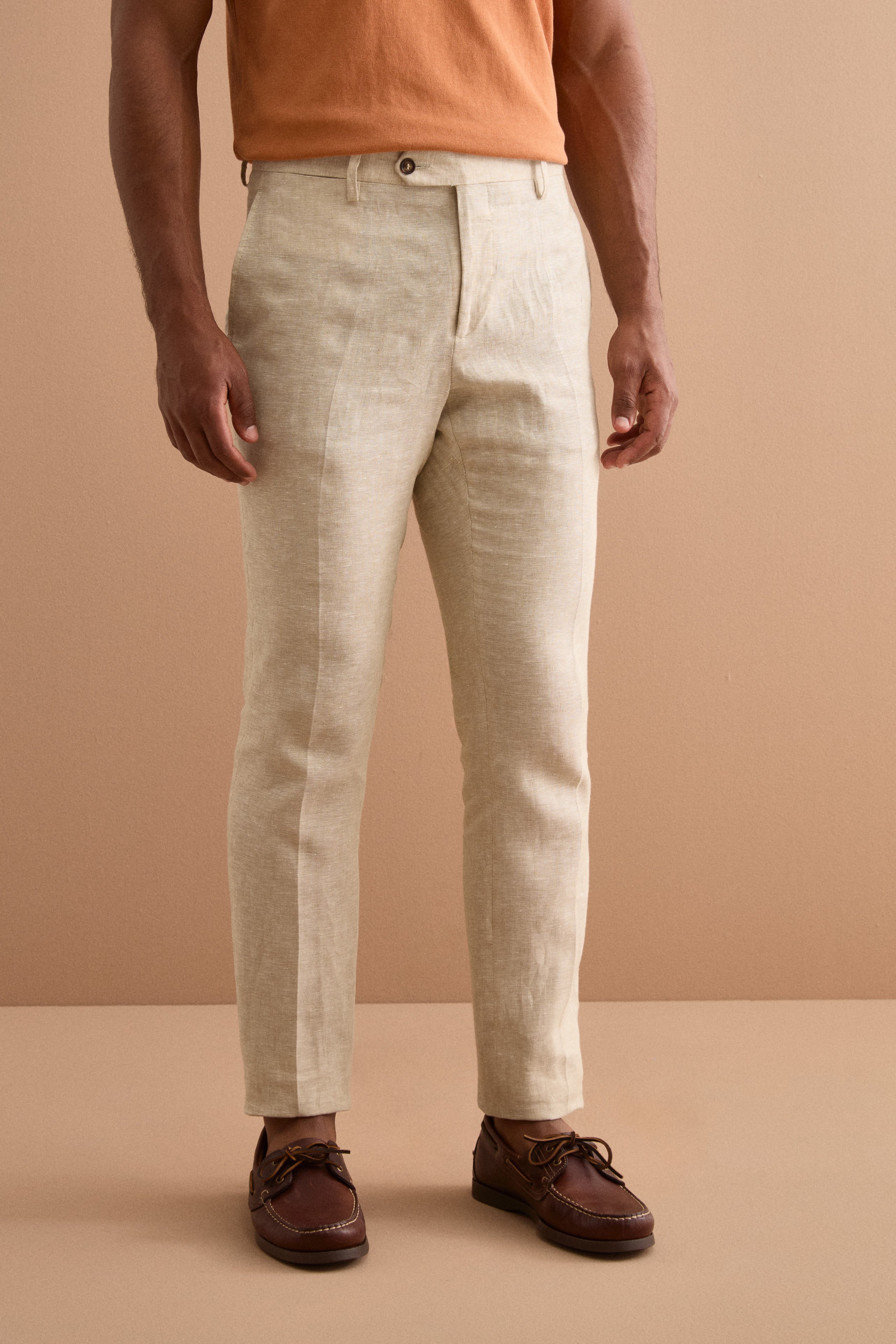 Pantalon Slim en Lin avec Plis sur le Devant - BEIGE