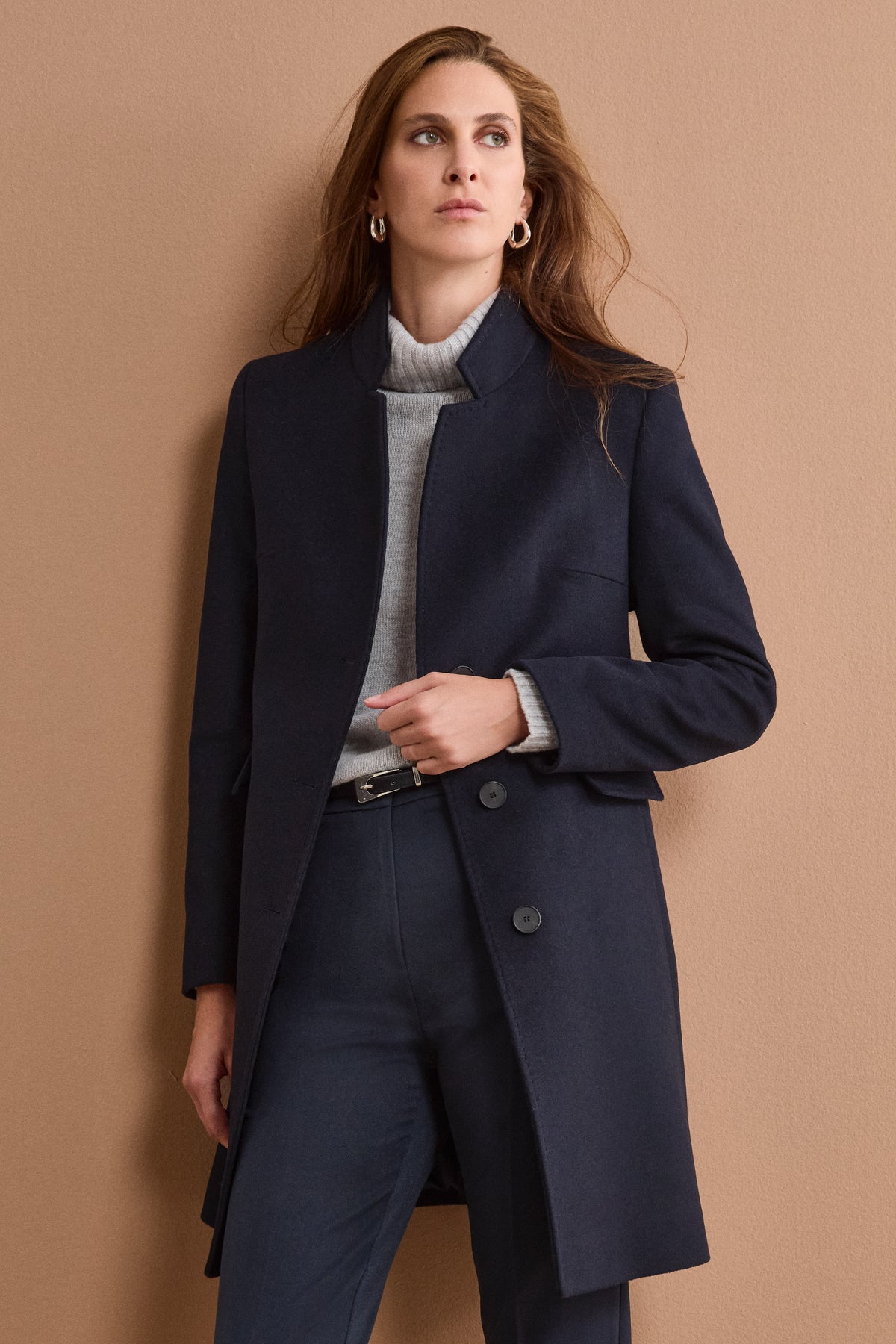 Fitted Midi Coat in Wool and Cashmere Blend - BLUE