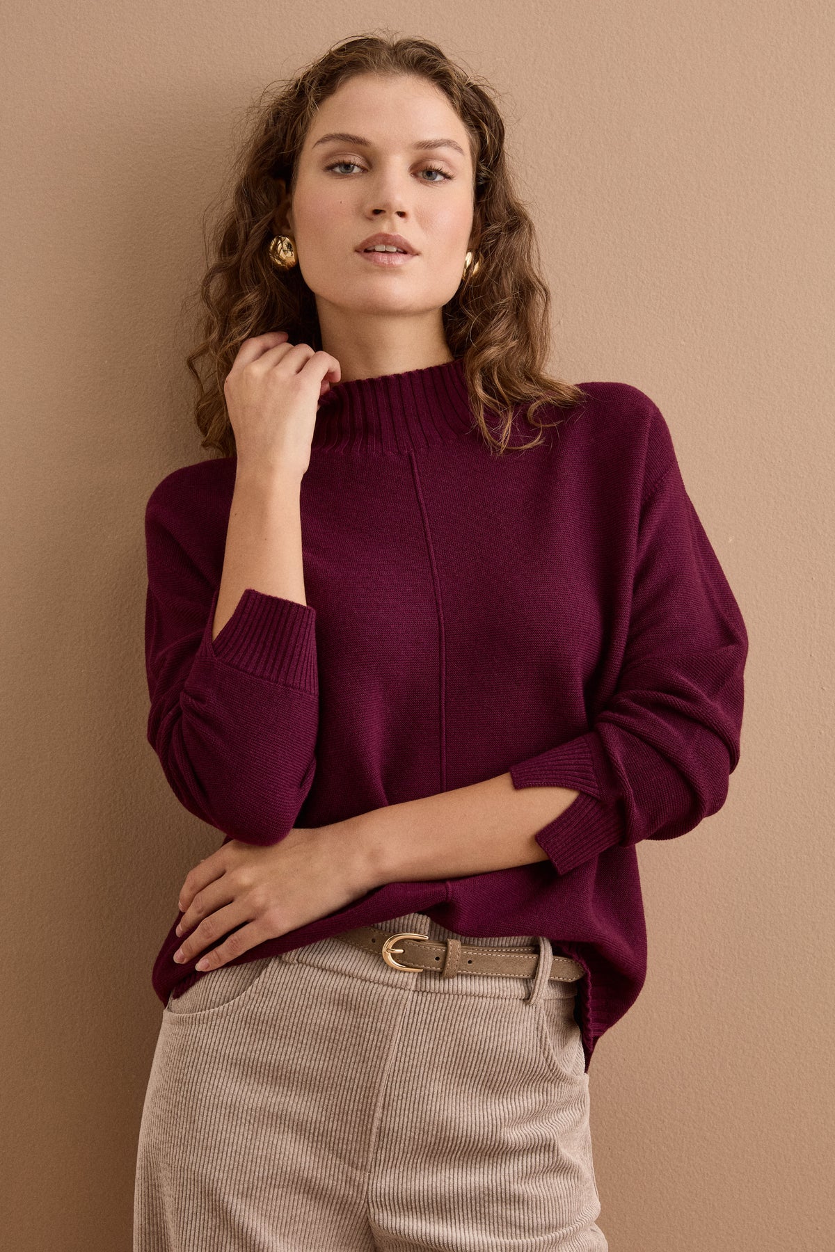 Links-Strick Rollkragenpullover aus Merinowolle - Burgundisch