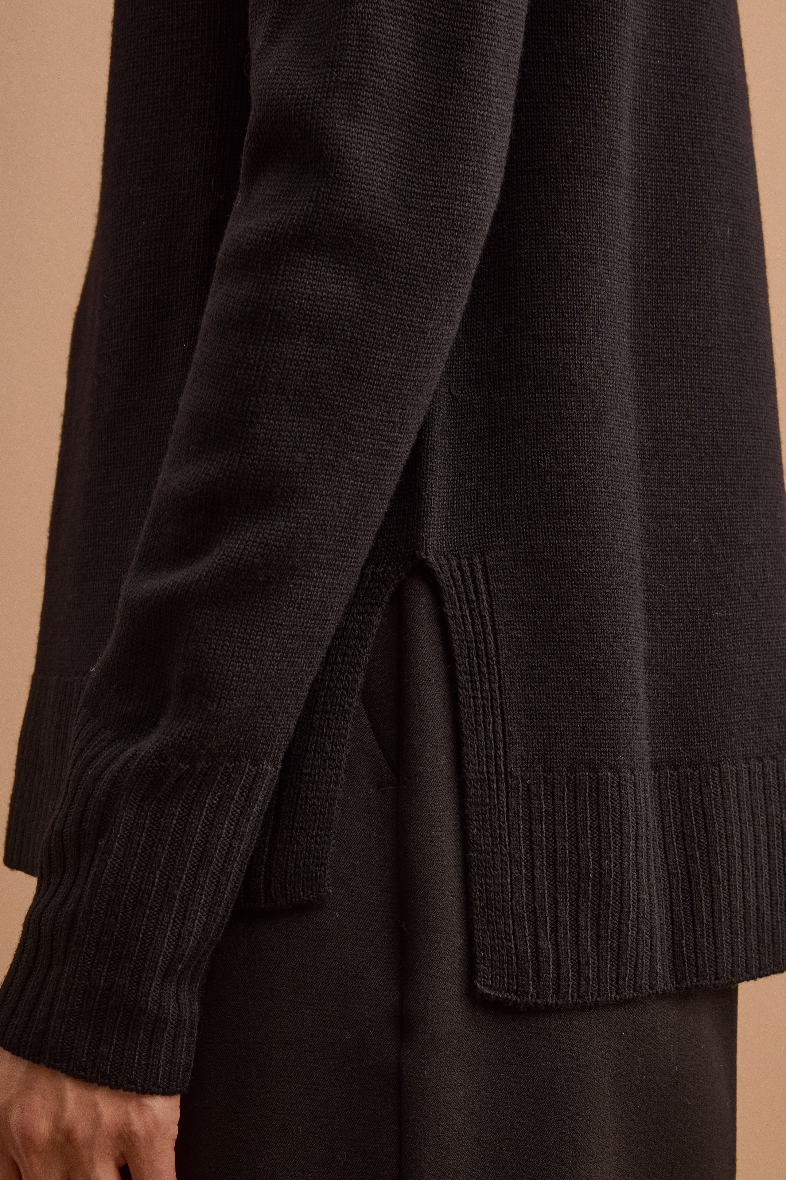 Merino Wool Crewneck with Ribbed Hem - BLACK