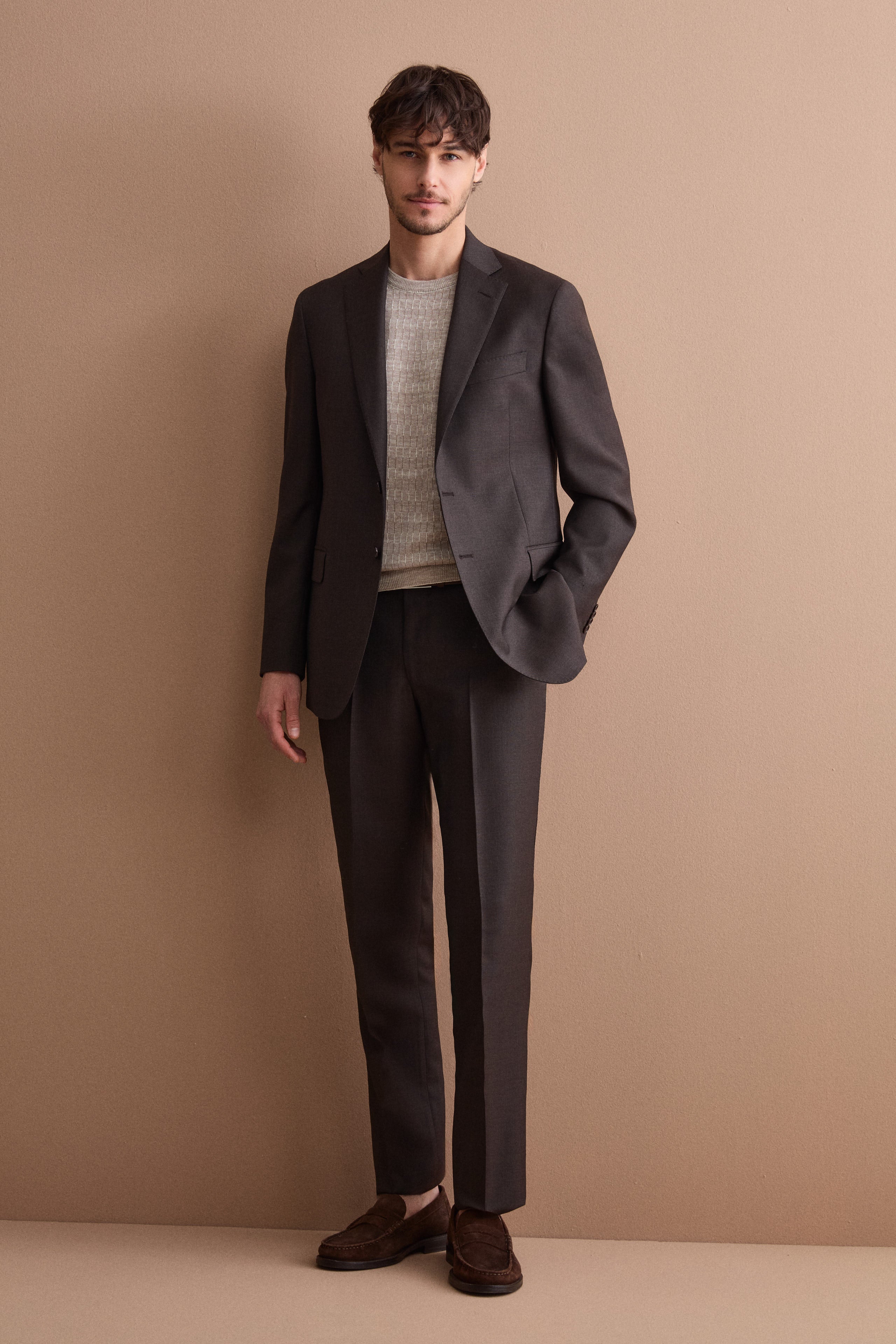 Prince of Wales virgin wool regular-fit suit - Brown Wales