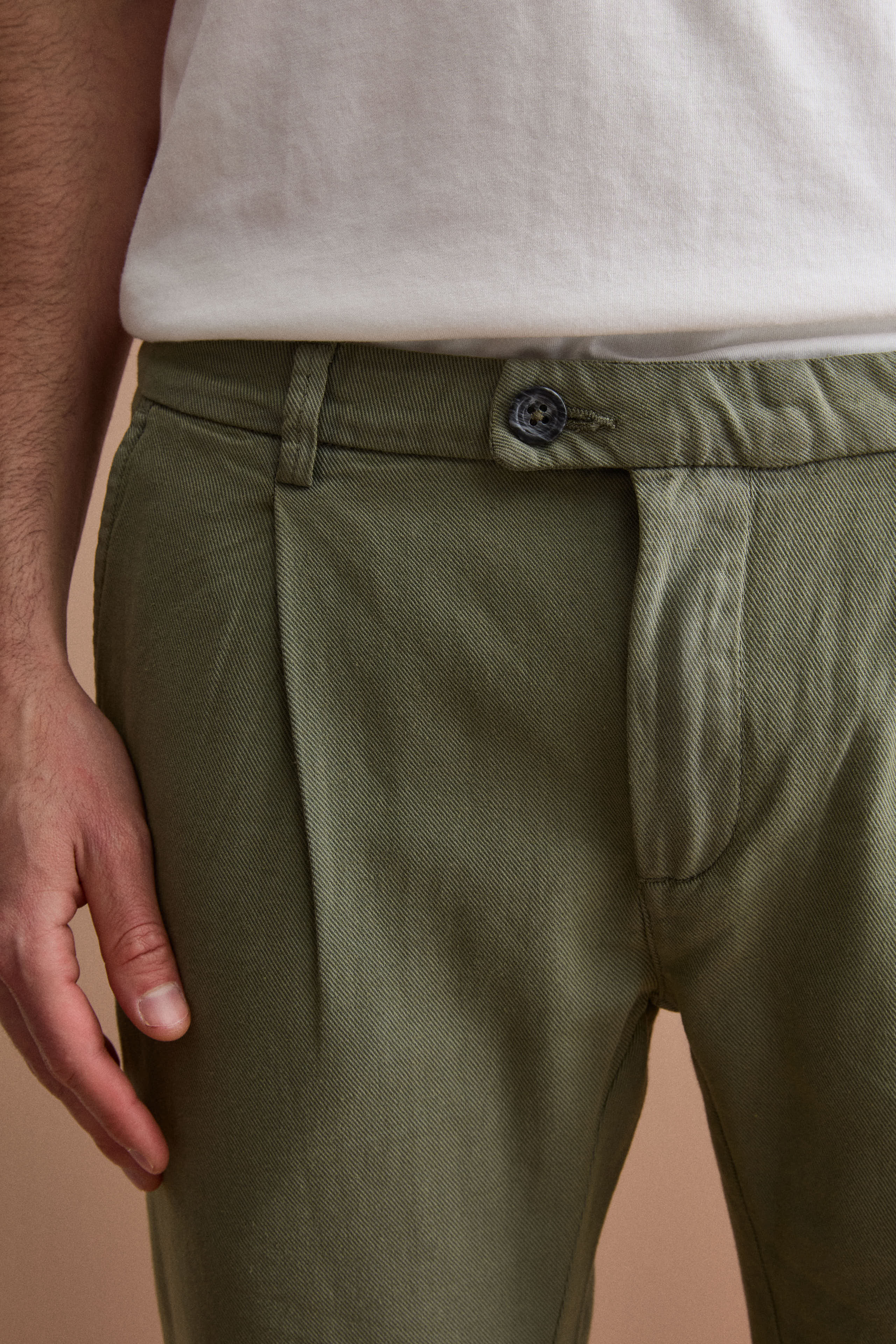 Pantalon Homme Regular Fit en Mélange Lin avec Plis - Vert sauge