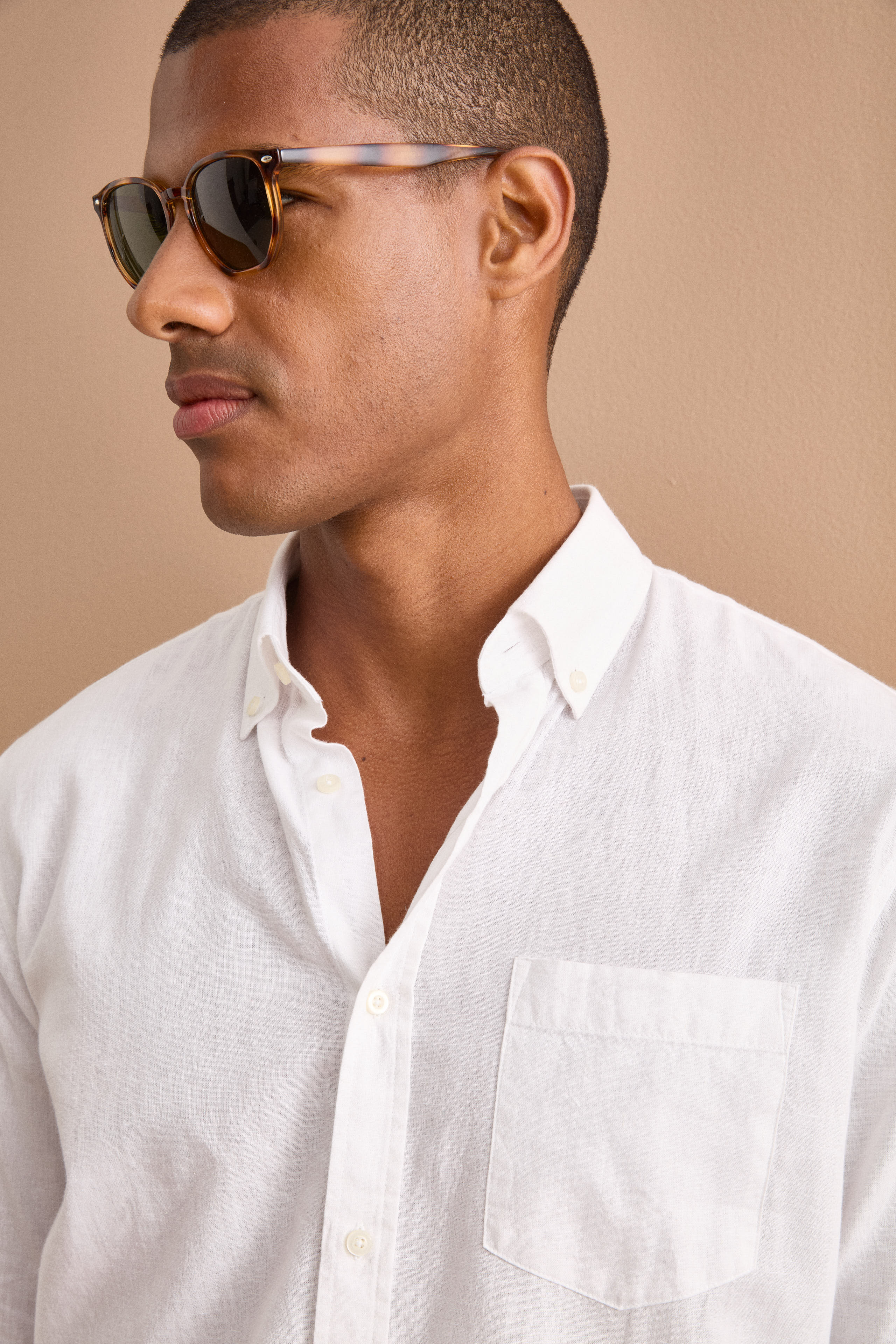 Camicia Button Down in Misto Lino Custom Fit - BIANCO