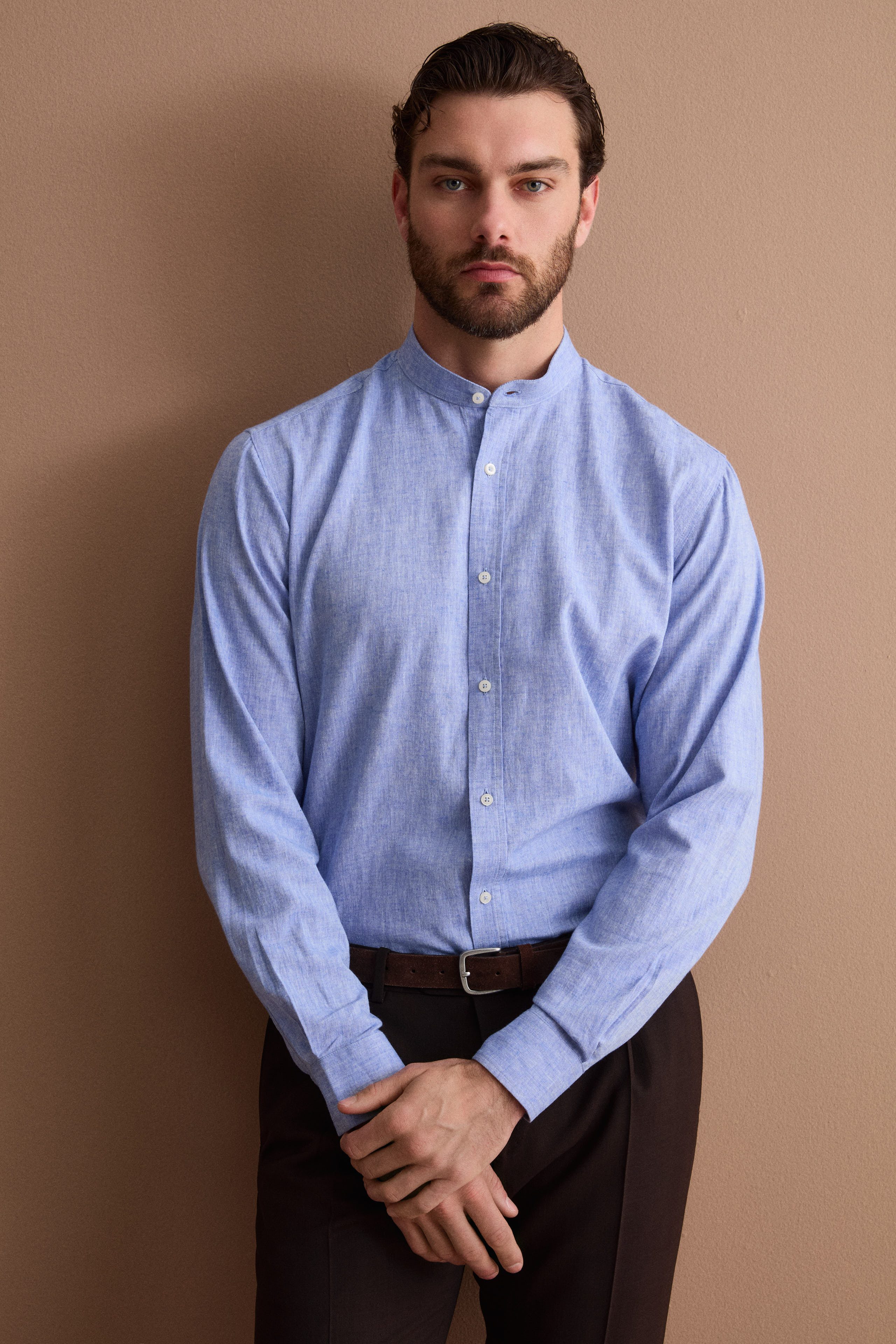 Hemd mit Stehkragen aus Leinenmischung Custom Fit - Hellblau