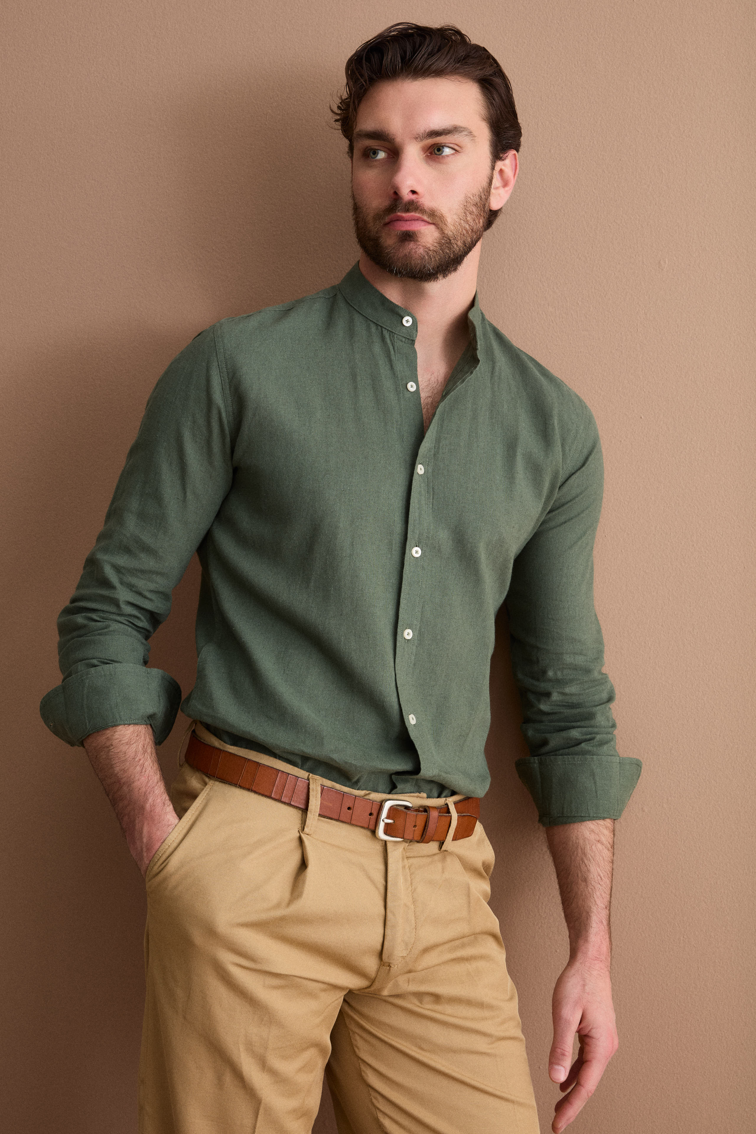 Hemd mit Stehkragen aus Leinenmischung Custom Fit - -